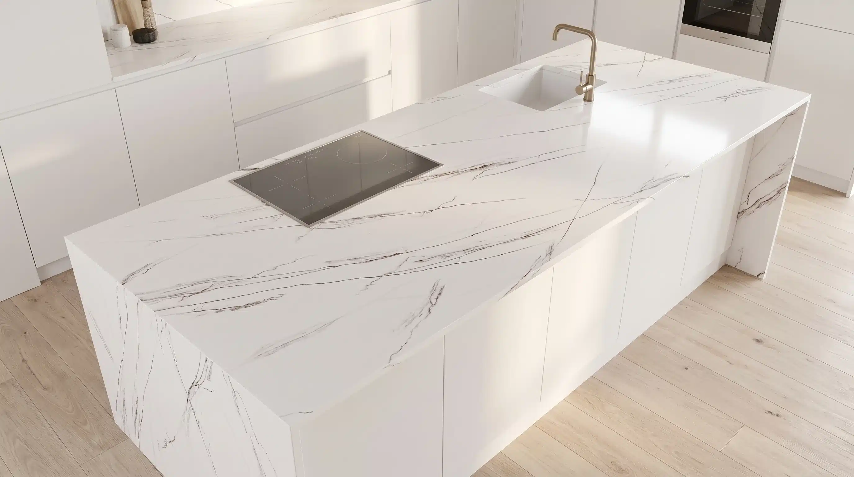 Overhead view of Calacatta Blush CQM461 quartz worktop in a fitted kitchen