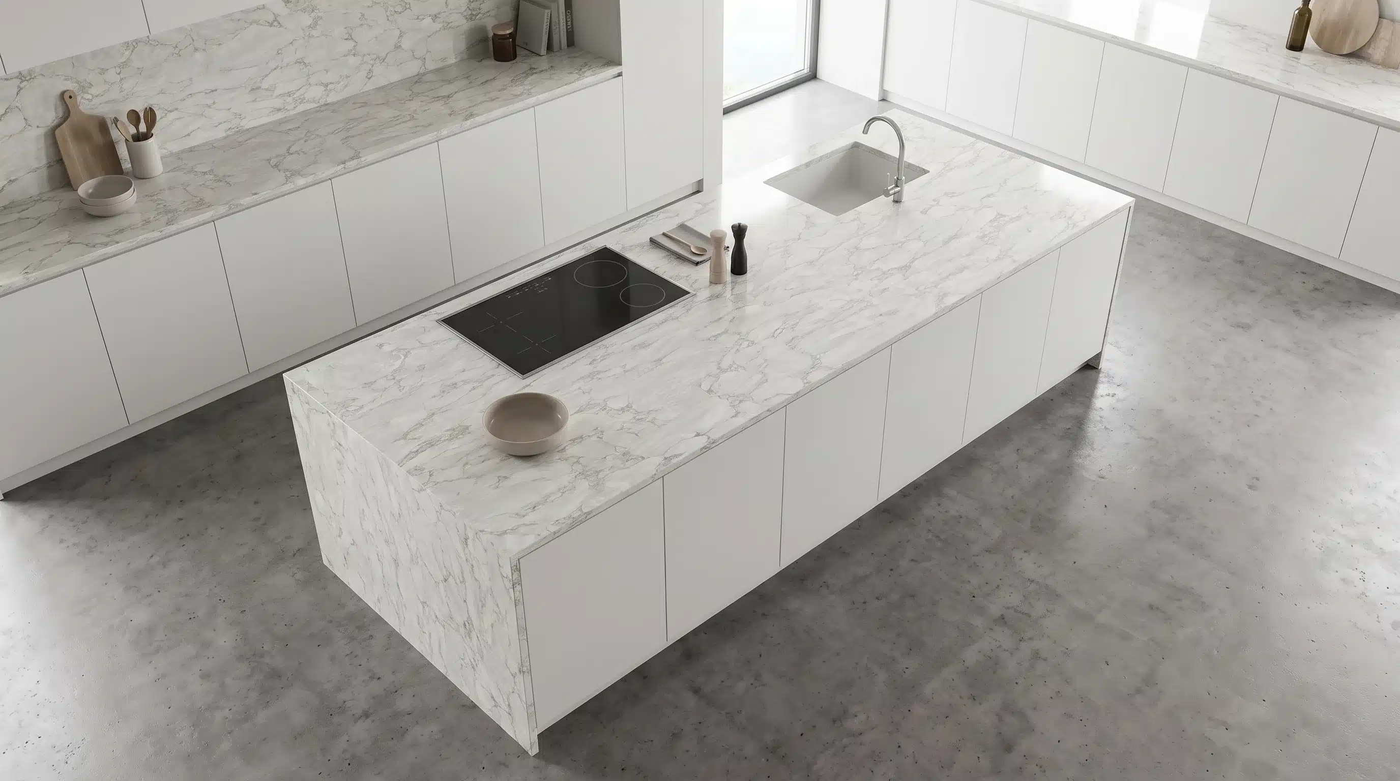 Overhead view of Ortus CQM462 quartz worktop in a fitted kitchen