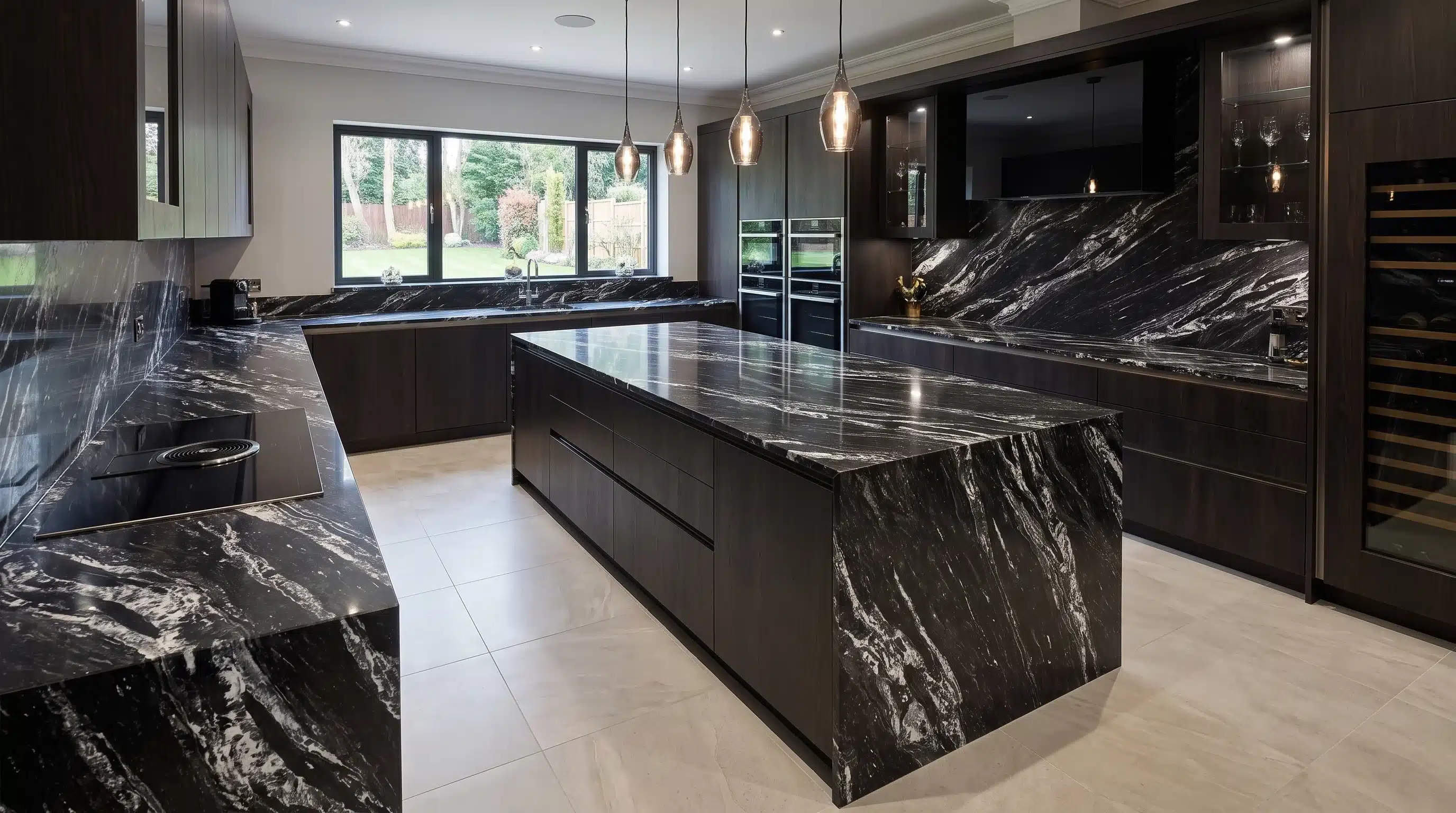 Nebula CQM463 quartz worktop in a wide-angle kitchen setting