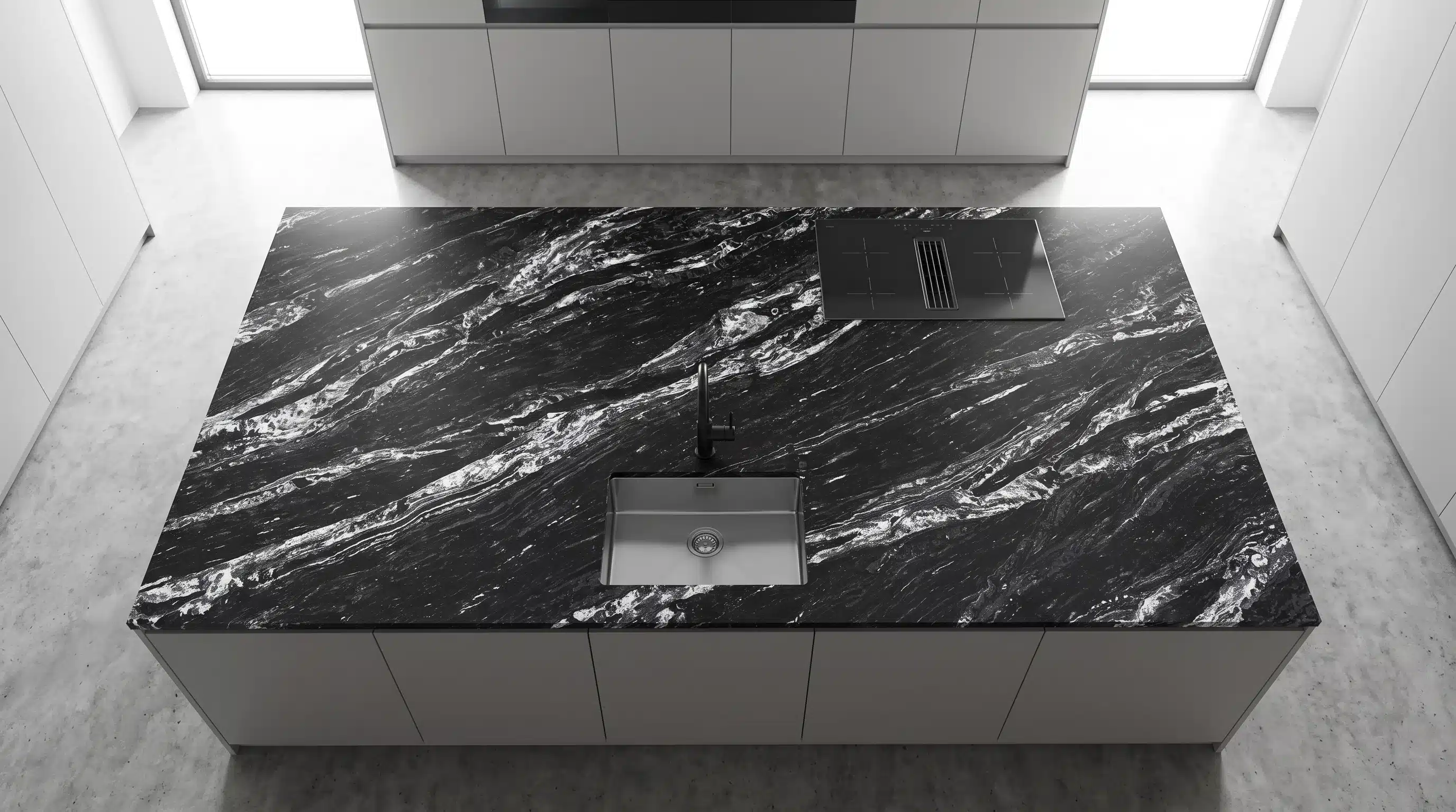 Overhead view of Nebula CQM463 quartz worktop in a fitted kitchen