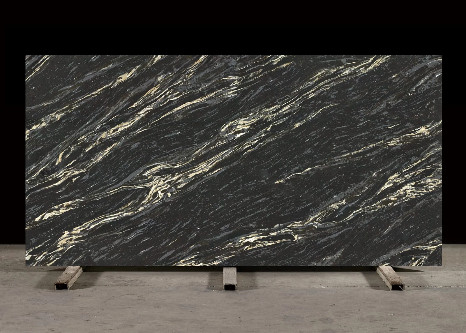 Full slab of Nebula Gold CQM464 black quartz from Classic Quartz Stone