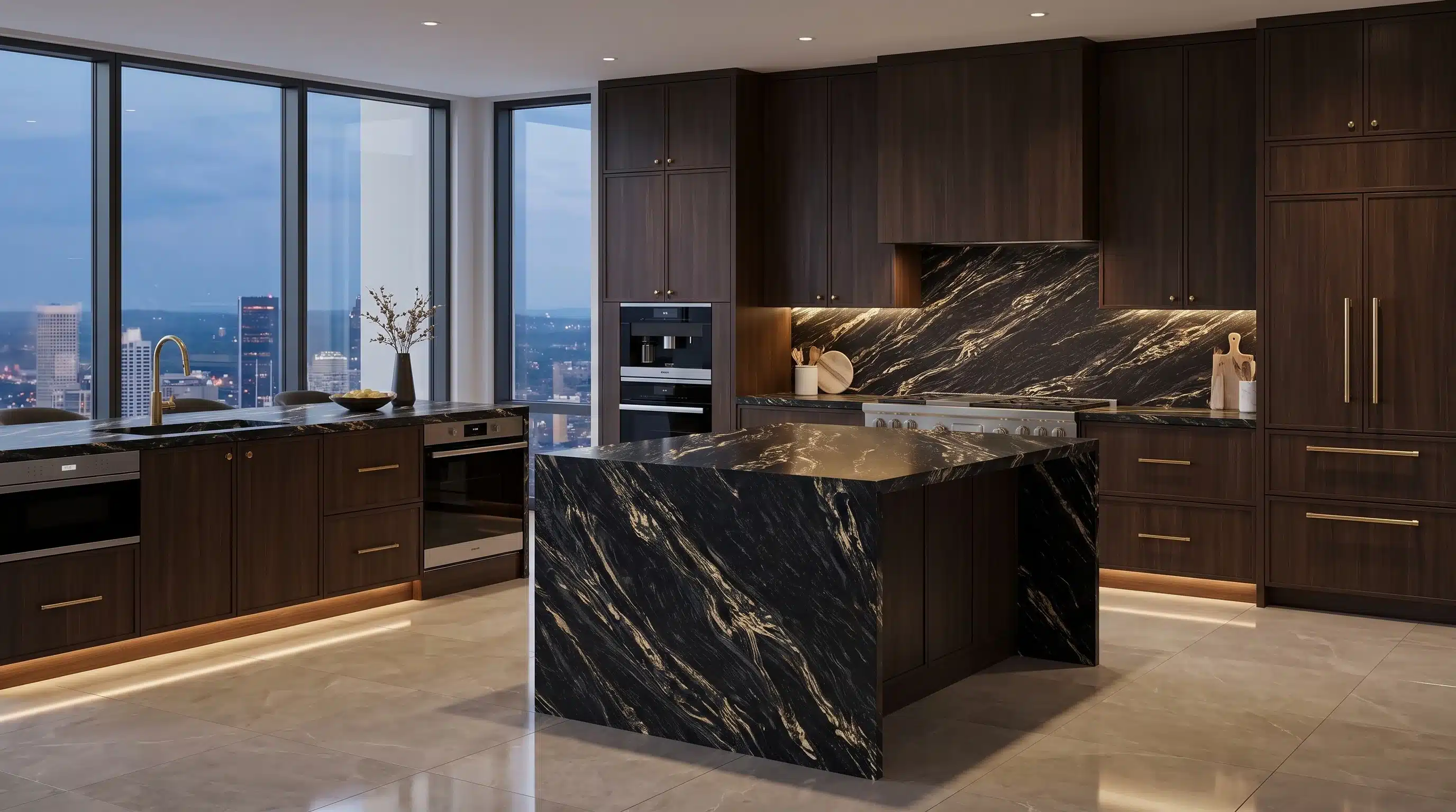 Nebula Gold CQM464 quartz worktop in a wide-angle kitchen setting