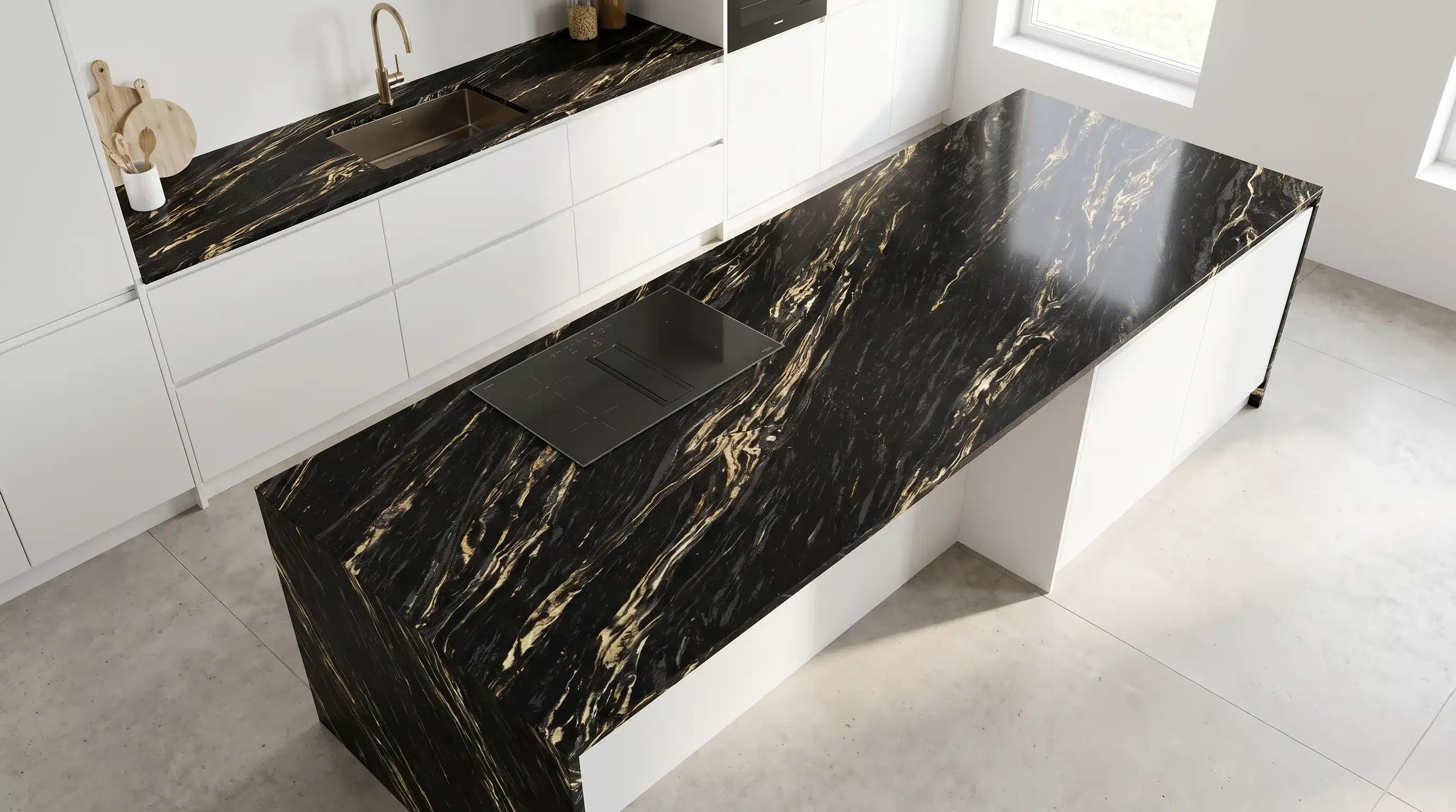 Overhead view of Nebula Gold CQM464 quartz worktop in a fitted kitchen