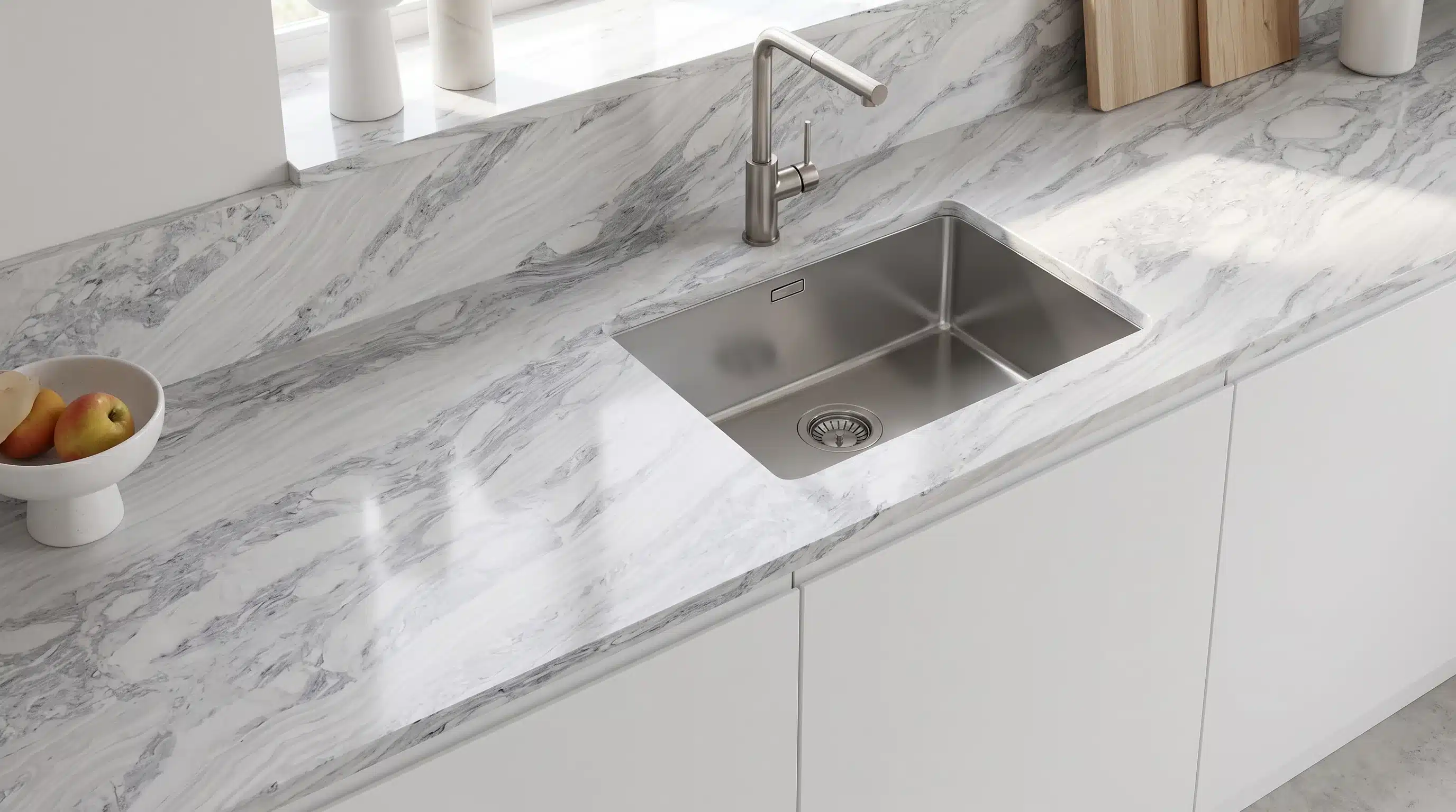 Overhead view of Cava CQM465 quartz worktop in a fitted kitchen