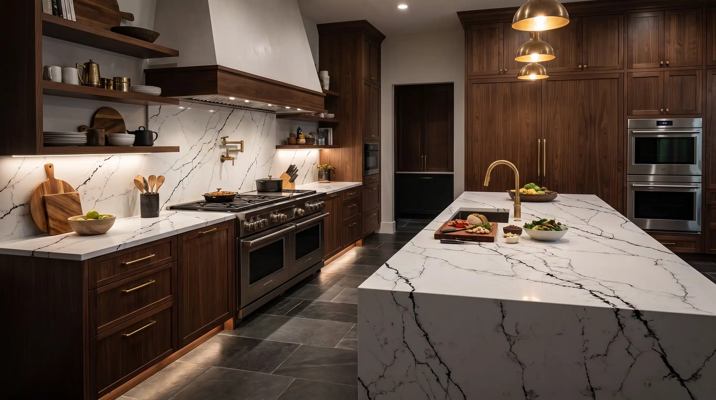 Calacatta Noir CQM466 quartz worktop in a wide-angle kitchen setting