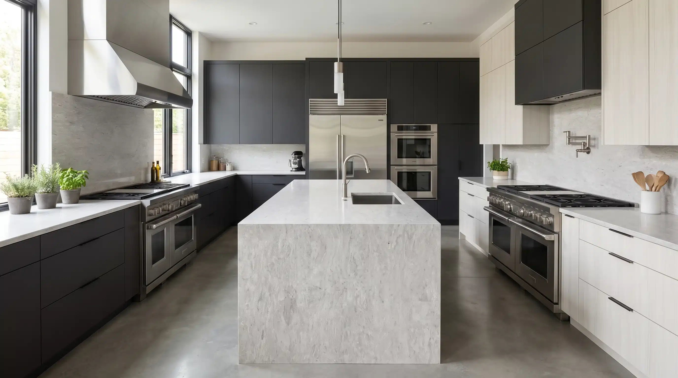Grey Fusion P CQM471 quartz worktop in a wide-angle kitchen setting