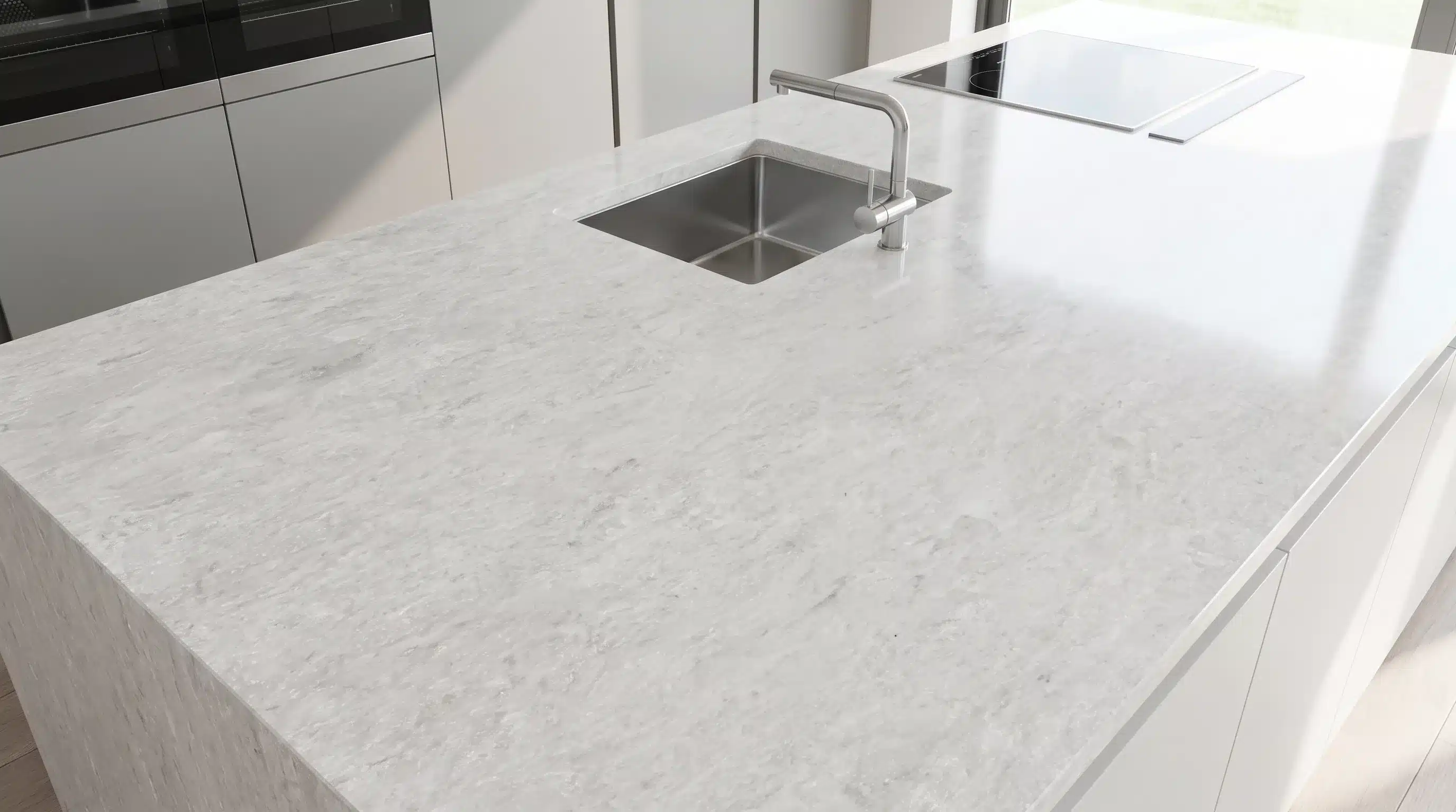Overhead view of Grey Fusion P CQM471 quartz worktop in a fitted kitchen