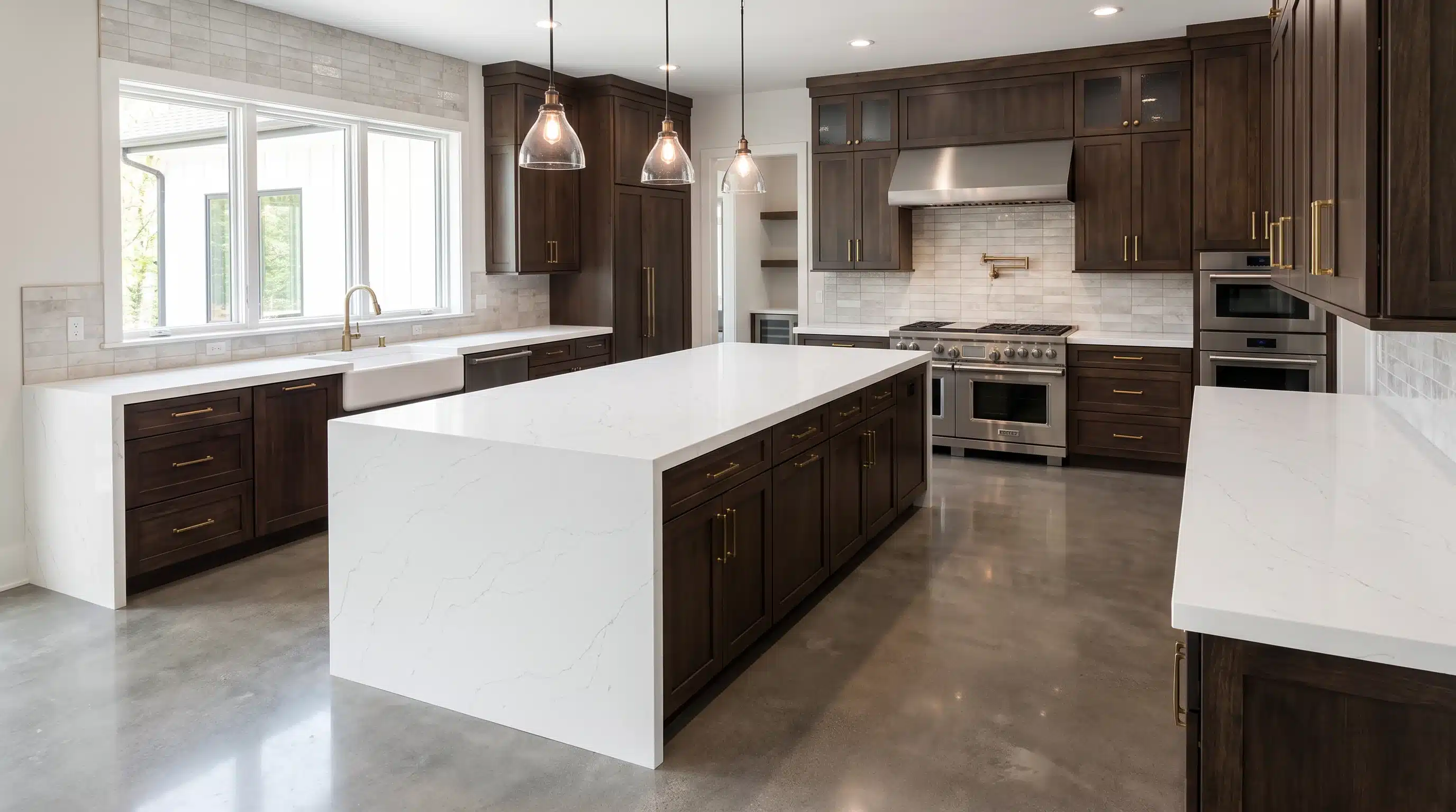 Senali CQM474 quartz worktop in a wide-angle kitchen setting