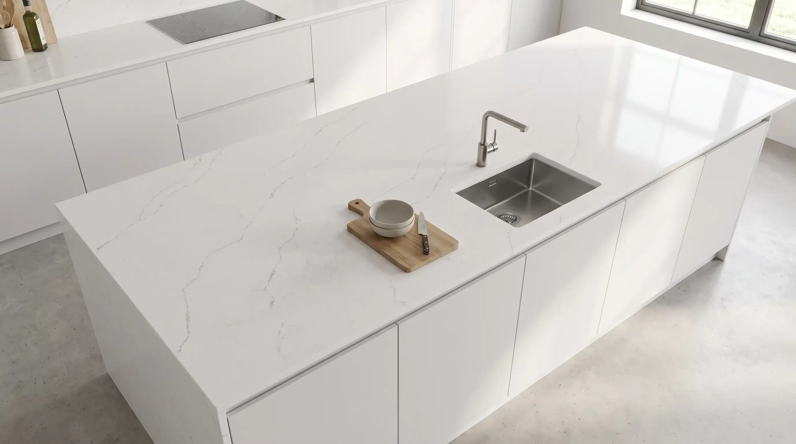 Overhead view of Senali CQM474 quartz worktop in a fitted kitchen