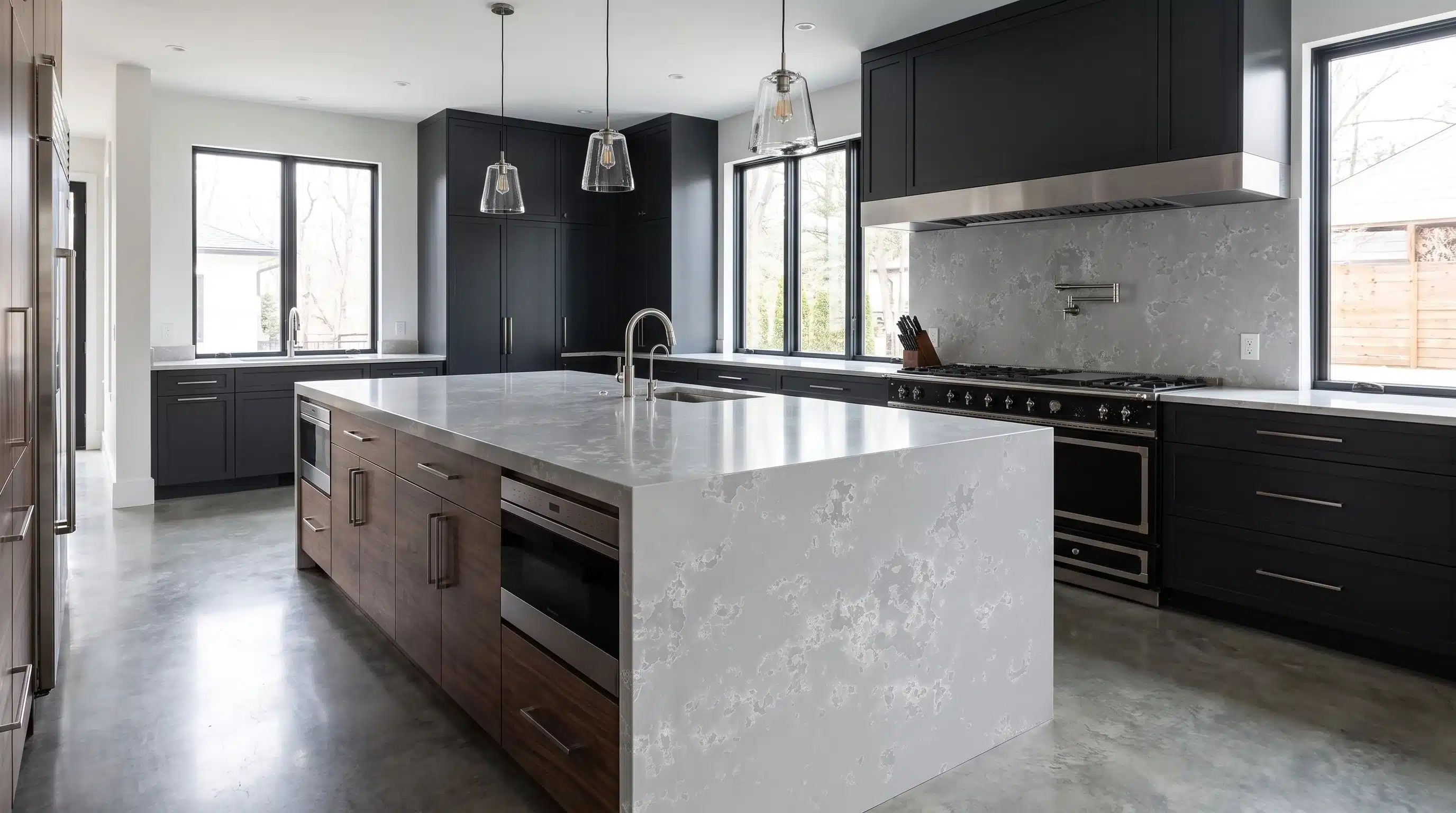 Island Grey CQM475 quartz worktop in a wide-angle kitchen setting