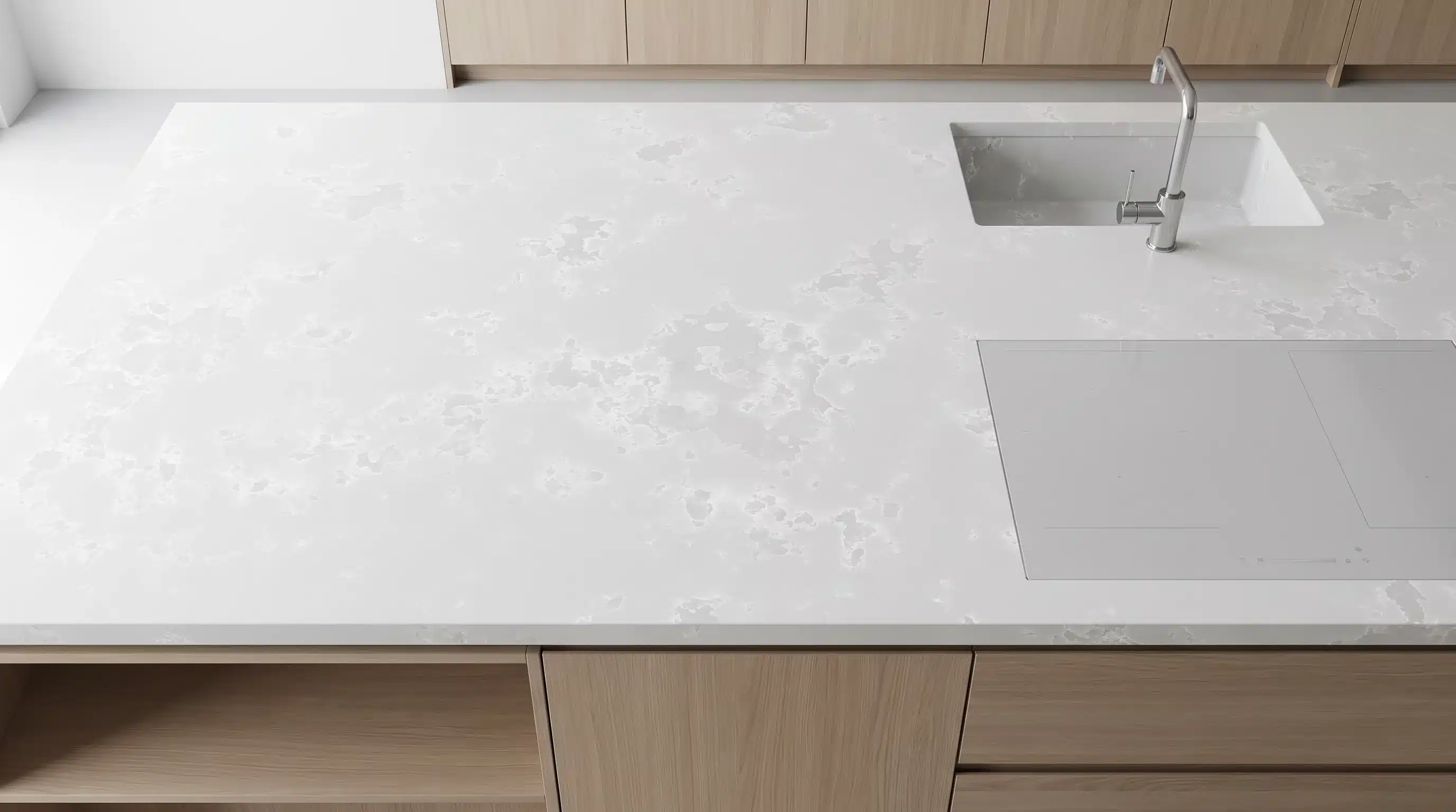 Overhead view of Island Grey CQM475 quartz worktop in a fitted kitchen