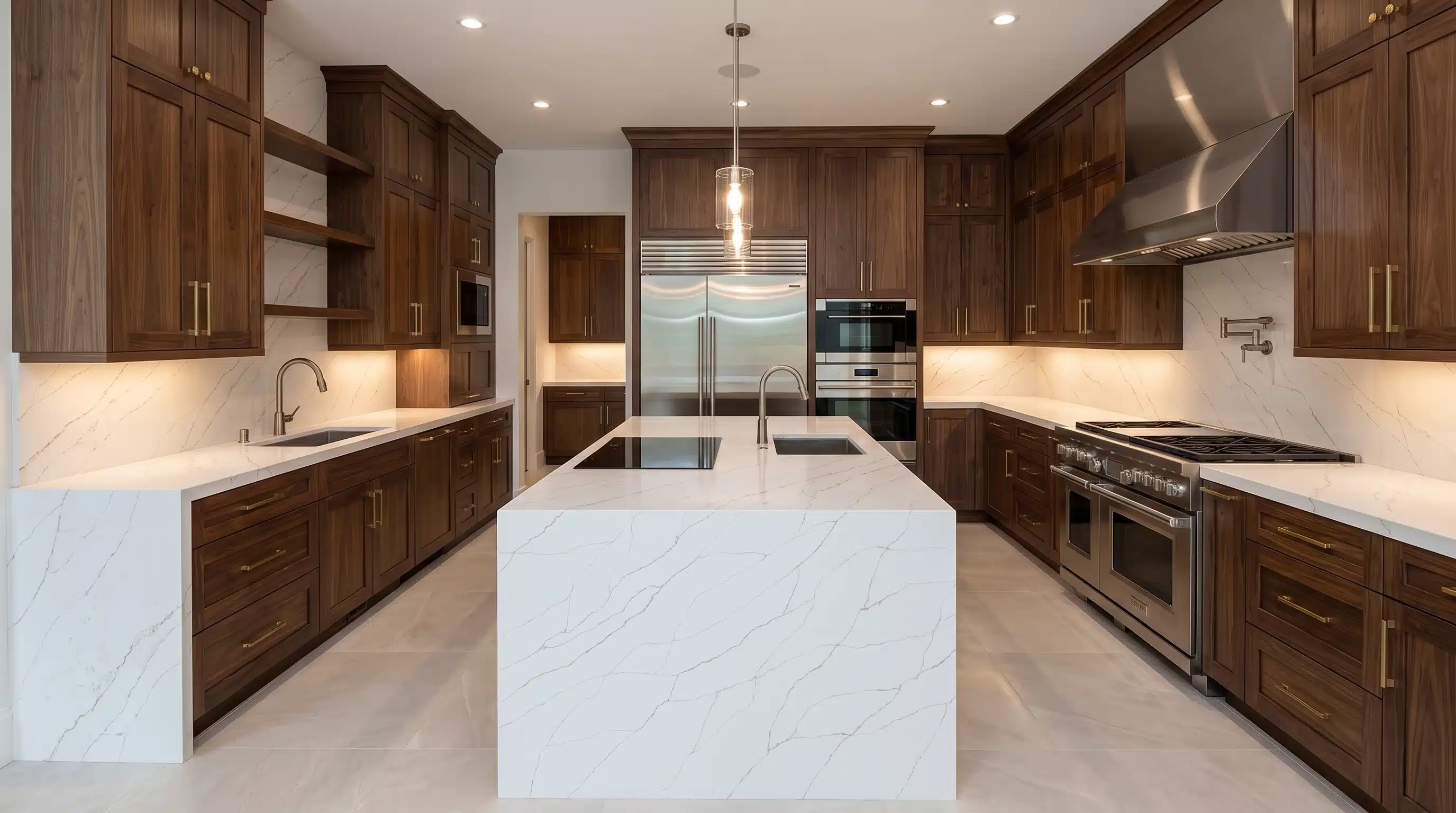 Calacatta Soft CQM476 quartz worktop in a wide-angle kitchen setting