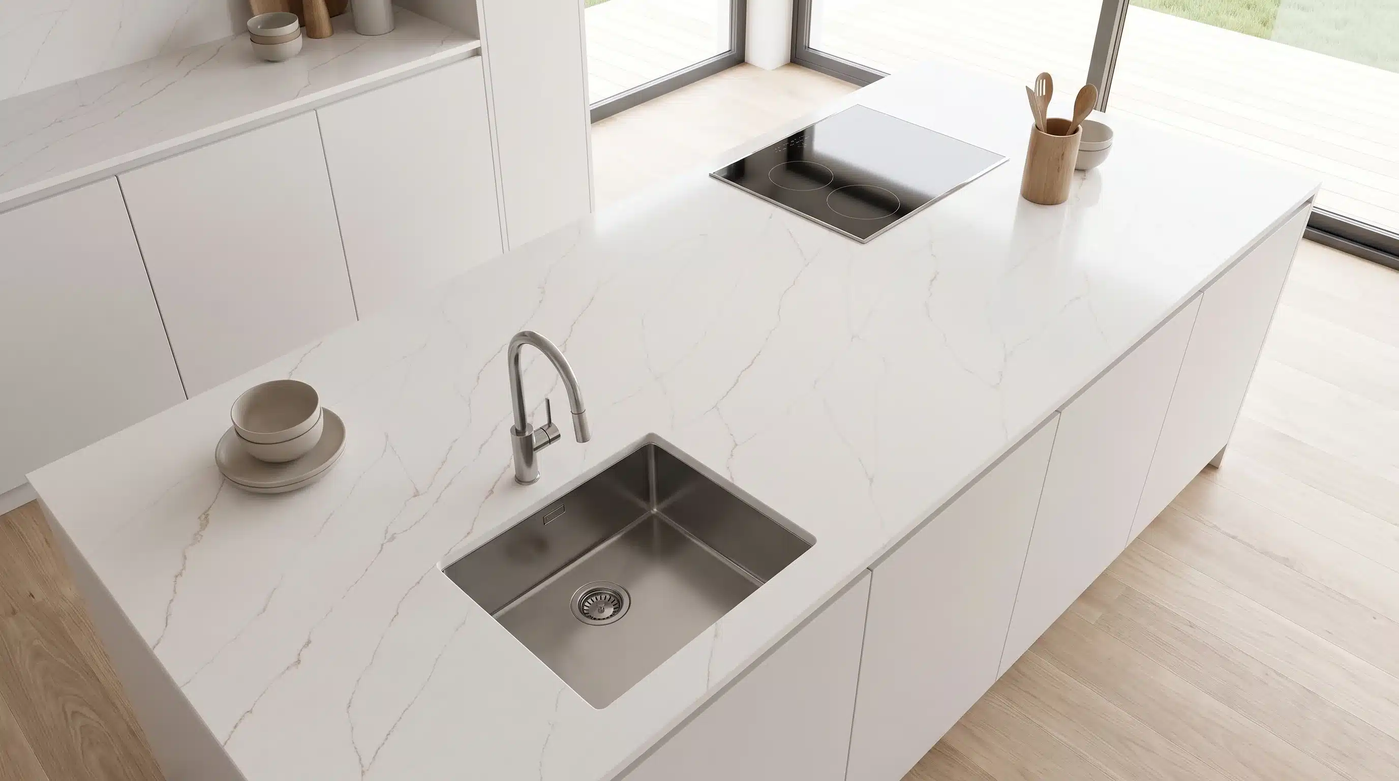 Overhead view of Calacatta Soft CQM476 quartz worktop in a fitted kitchen