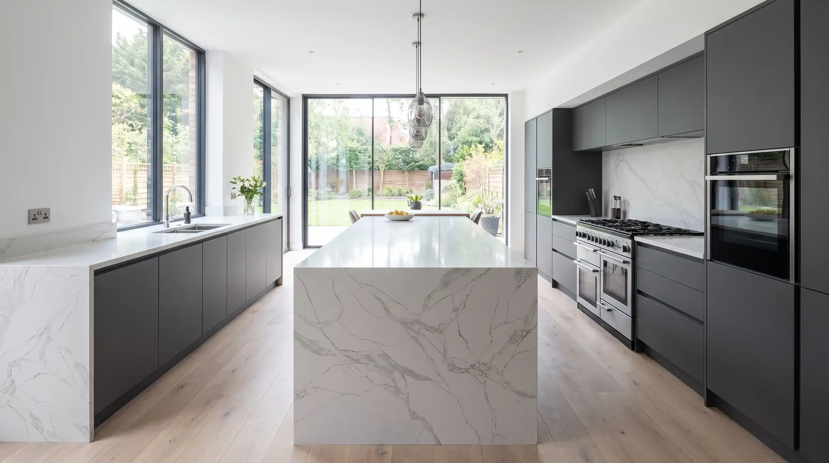 River Grey L CQM477 quartz worktop in a wide-angle kitchen setting