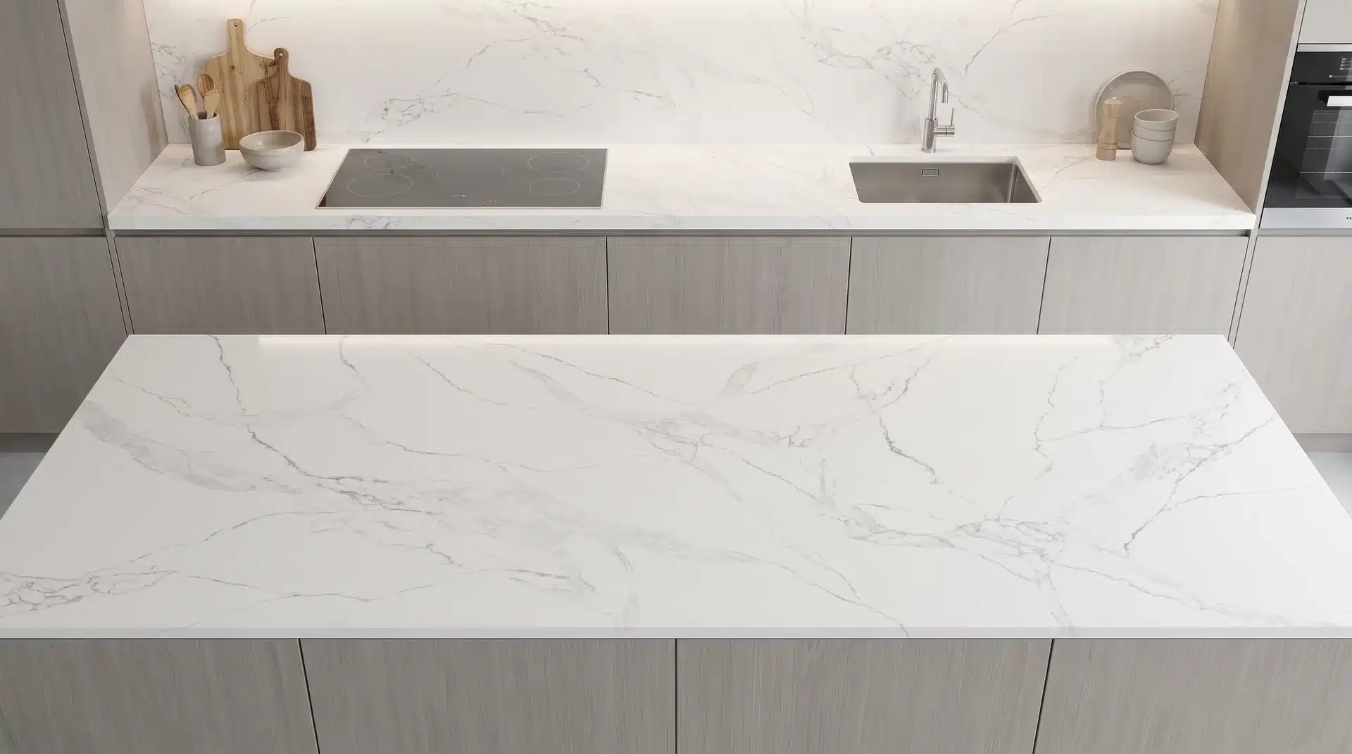 Overhead view of River Grey L CQM477 quartz worktop in a fitted kitchen