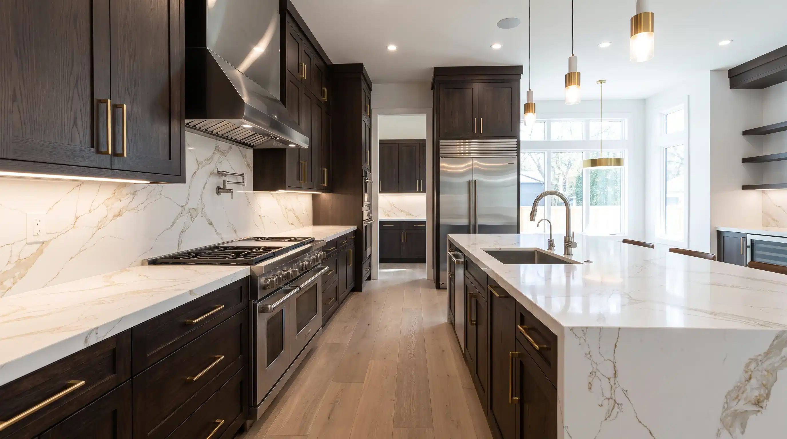 Gold Olives CQM478 quartz worktop in a wide-angle kitchen setting