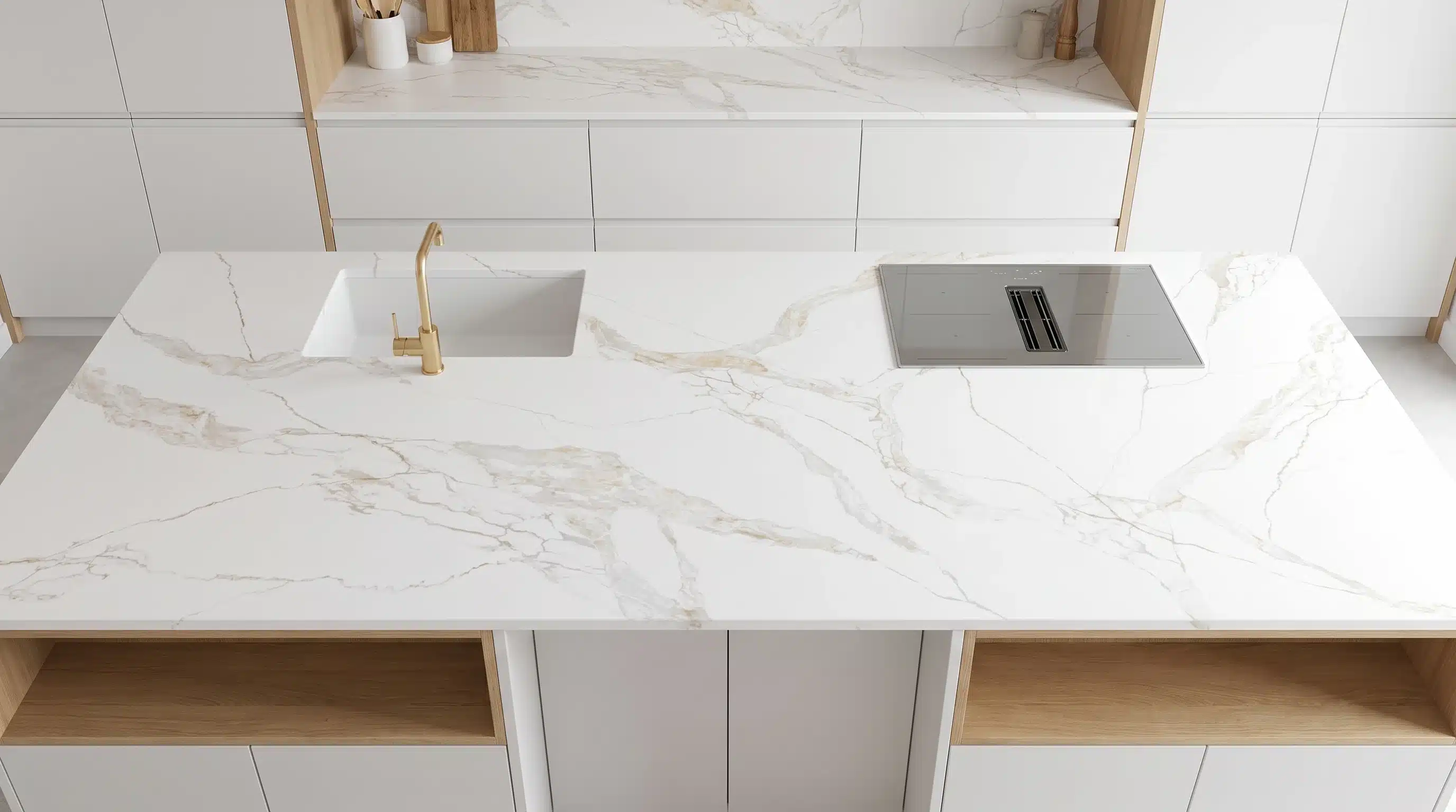 Overhead view of Gold Olives CQM478 quartz worktop in a fitted kitchen