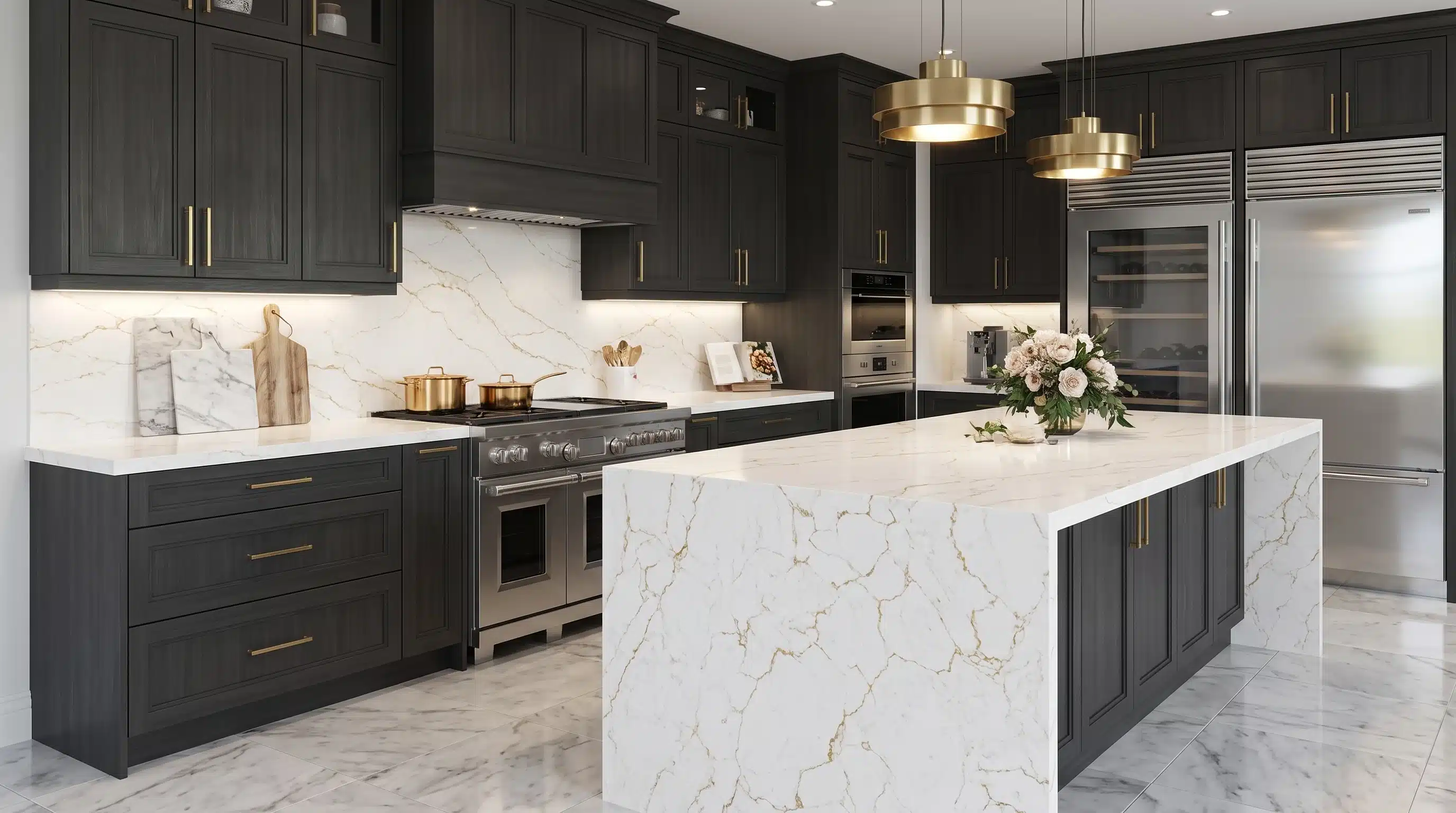 Deluxe Gold CQM479 quartz worktop in a wide-angle kitchen setting