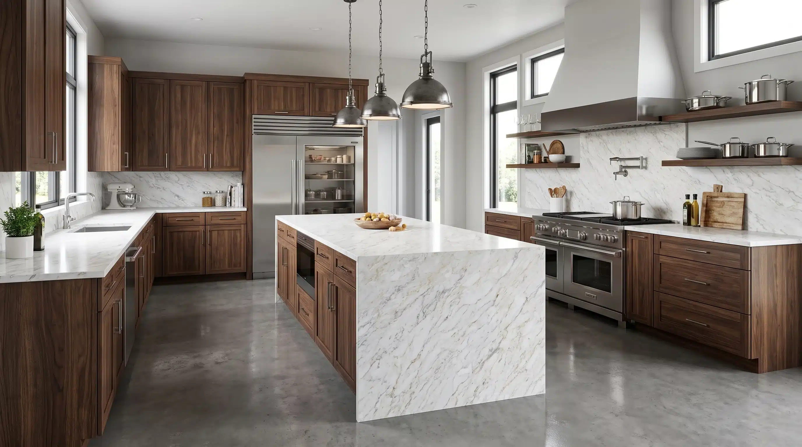 Overland CQM480 quartz worktop in a wide-angle kitchen setting