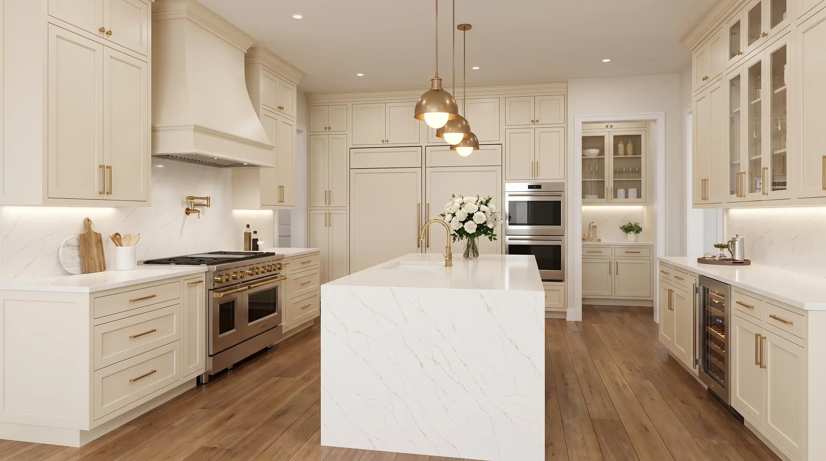 Calacatta Soft Shimmer CQM481 quartz worktop in a wide-angle kitchen setting