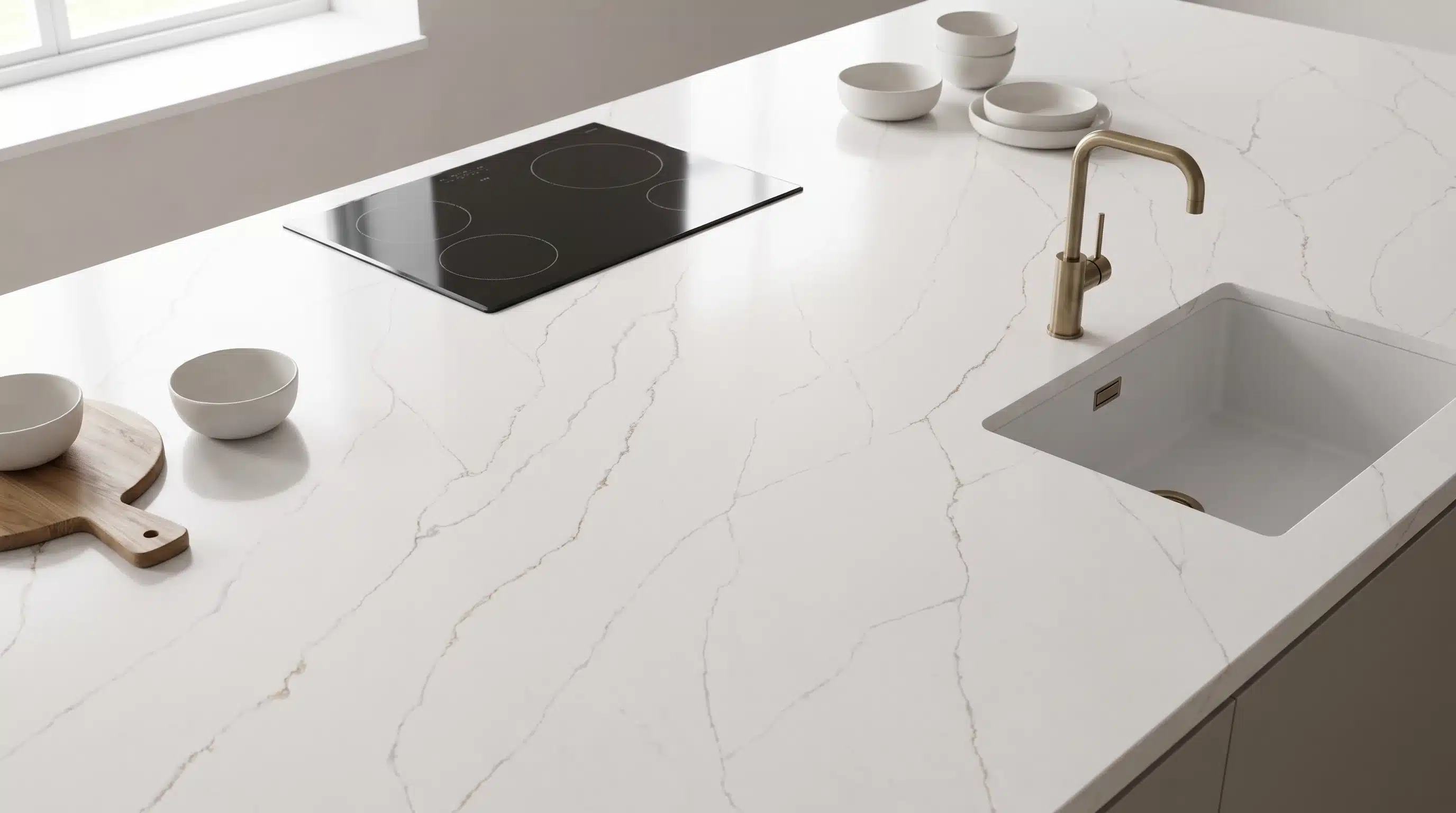 Overhead view of Calacatta Soft Shimmer CQM481 quartz worktop in a fitted kitchen