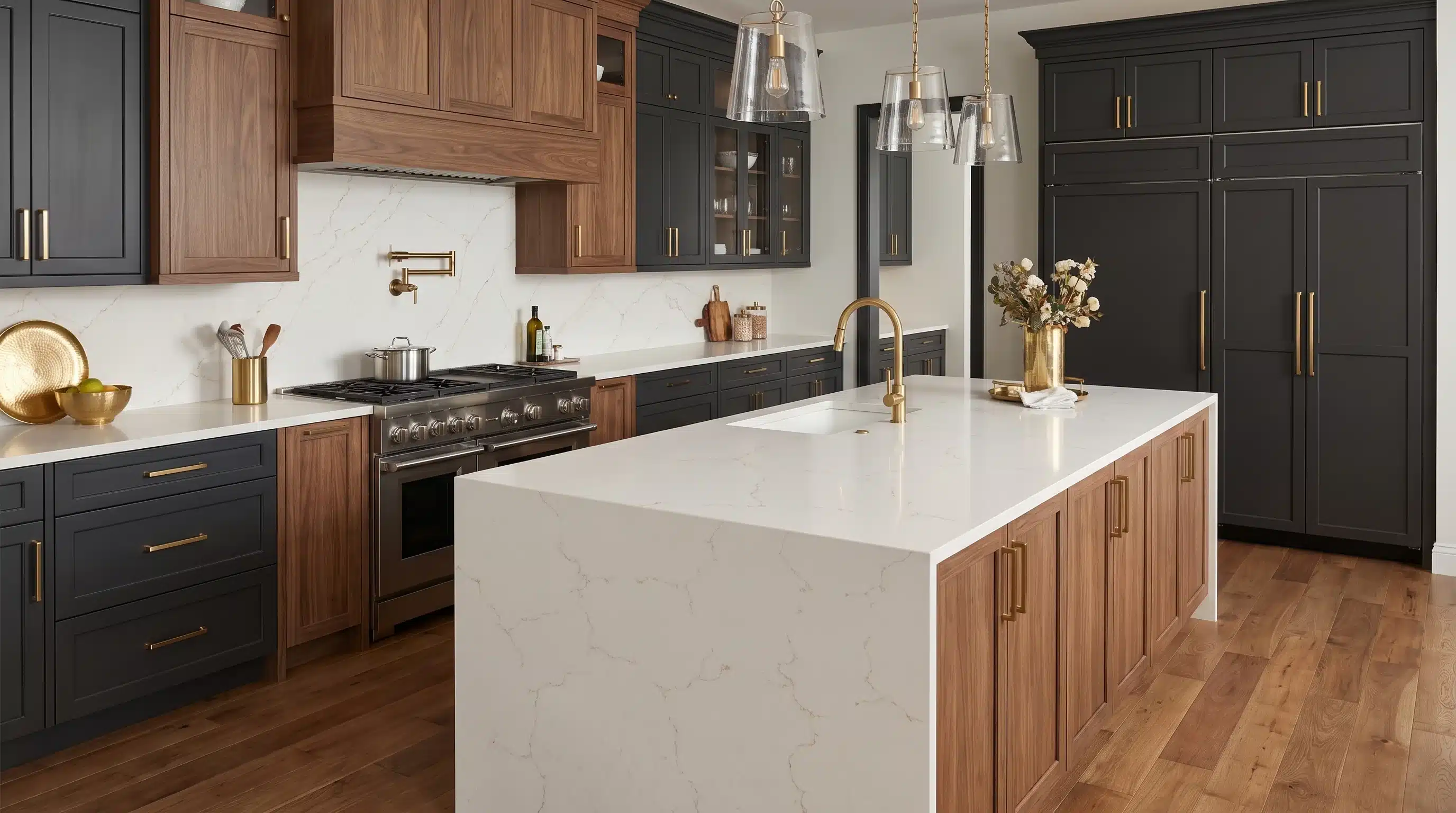 Misterio Gold CQM512 quartz worktop in a wide-angle kitchen setting