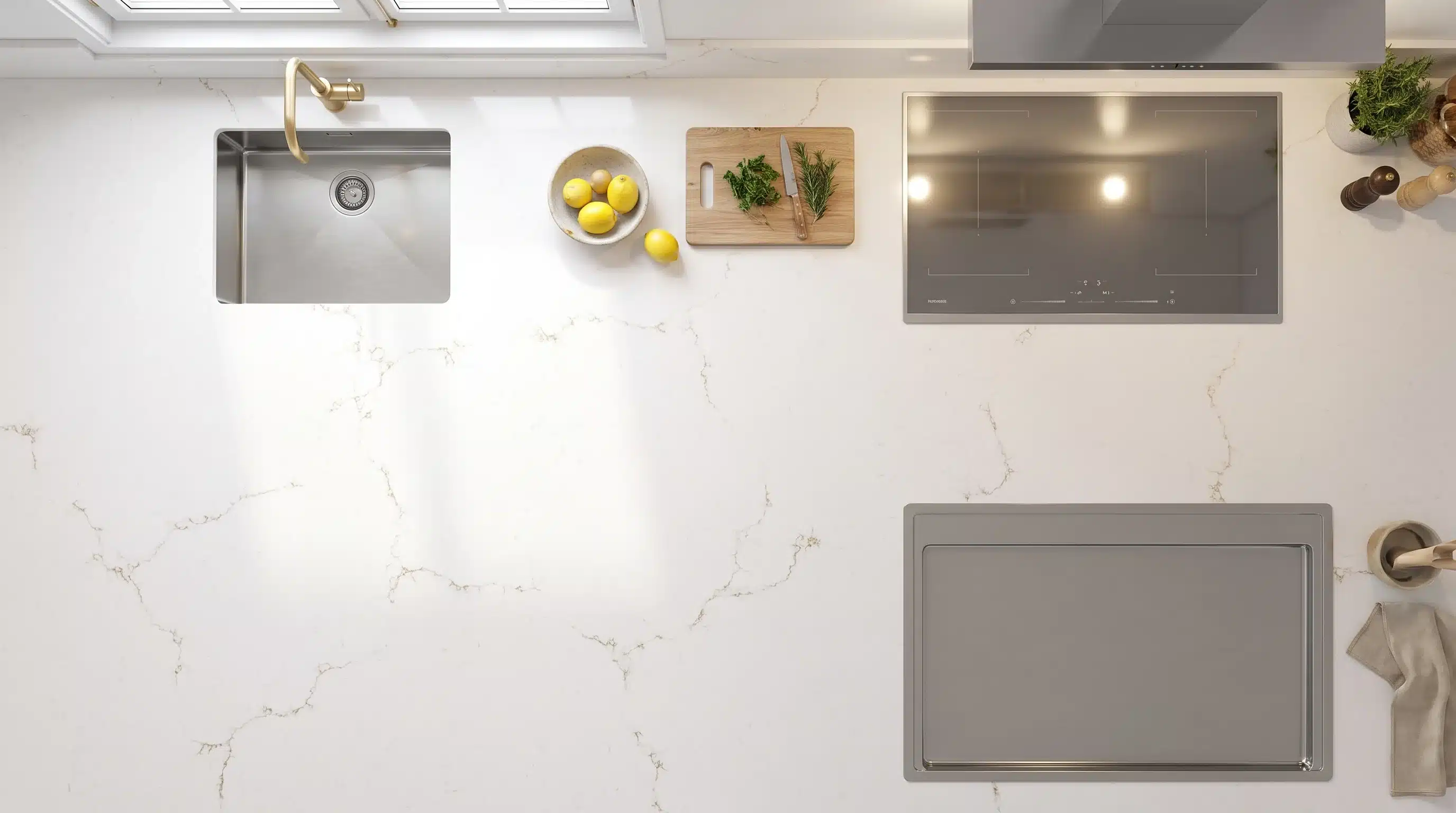 Overhead view of Misterio Gold CQM512 quartz worktop in a fitted kitchen