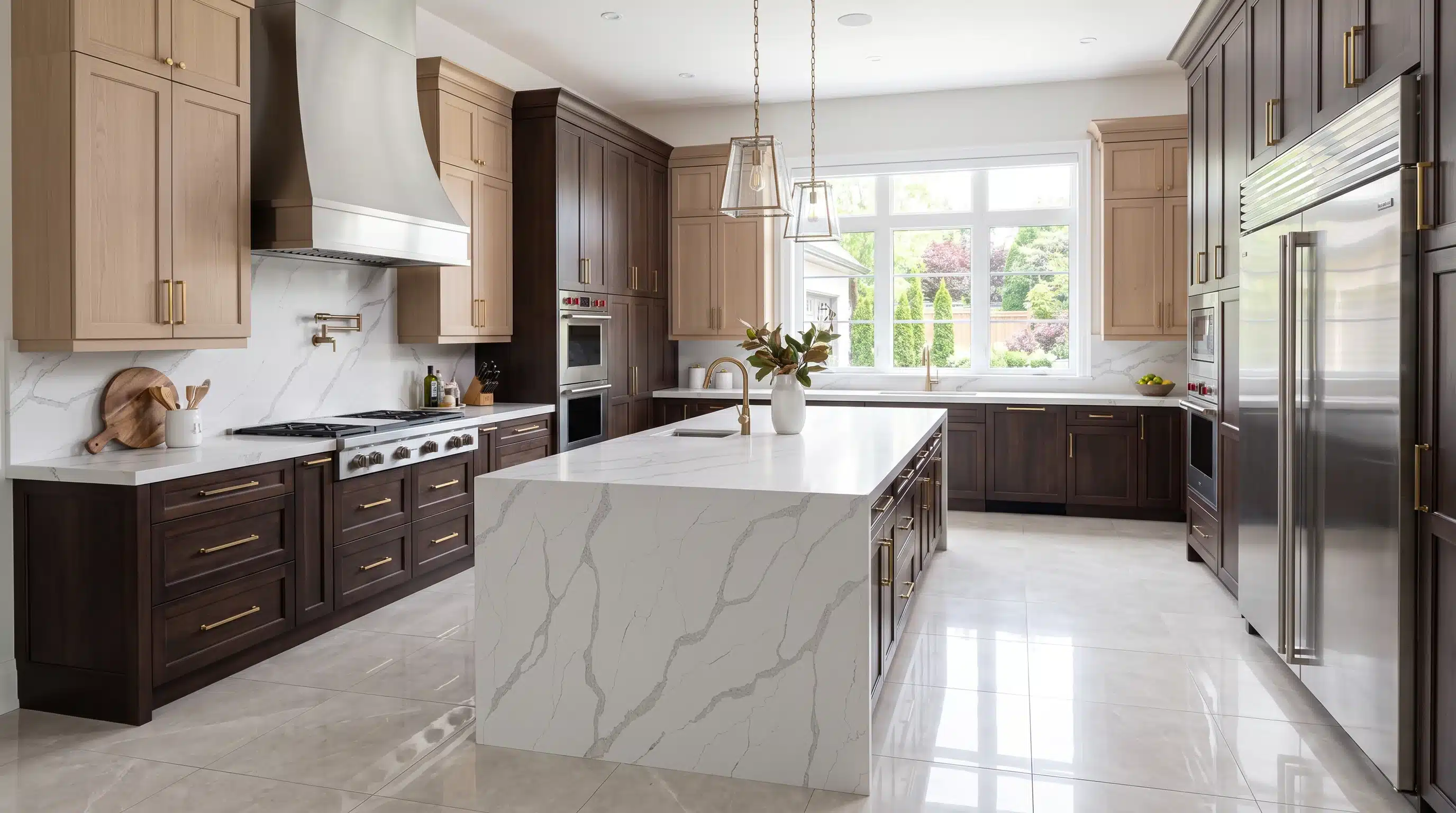 New Calacatta Grey CQM520 quartz worktop in a wide-angle kitchen setting