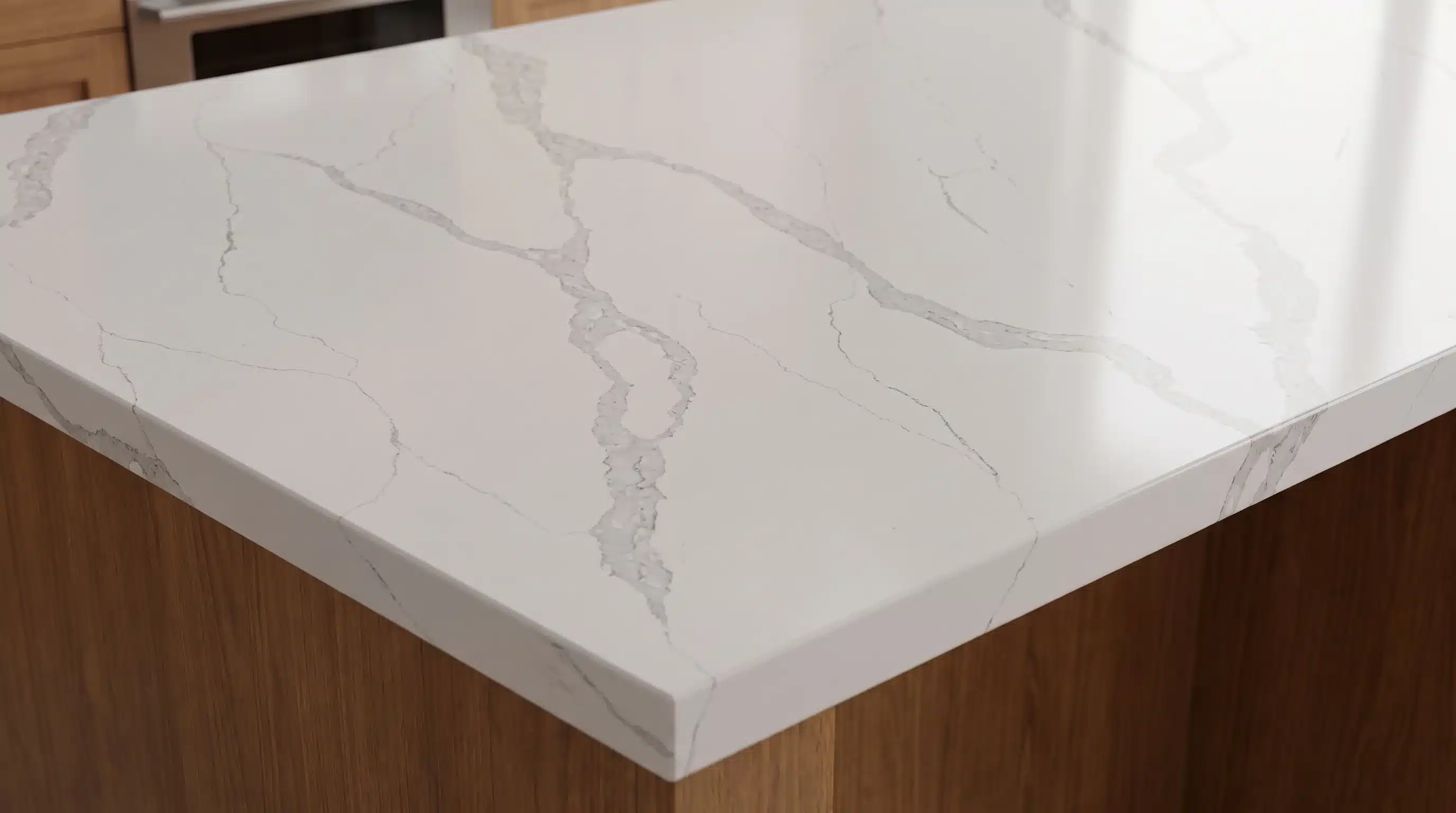 Close-up of New Calacatta Grey CQM520 quartz worktop surface detail