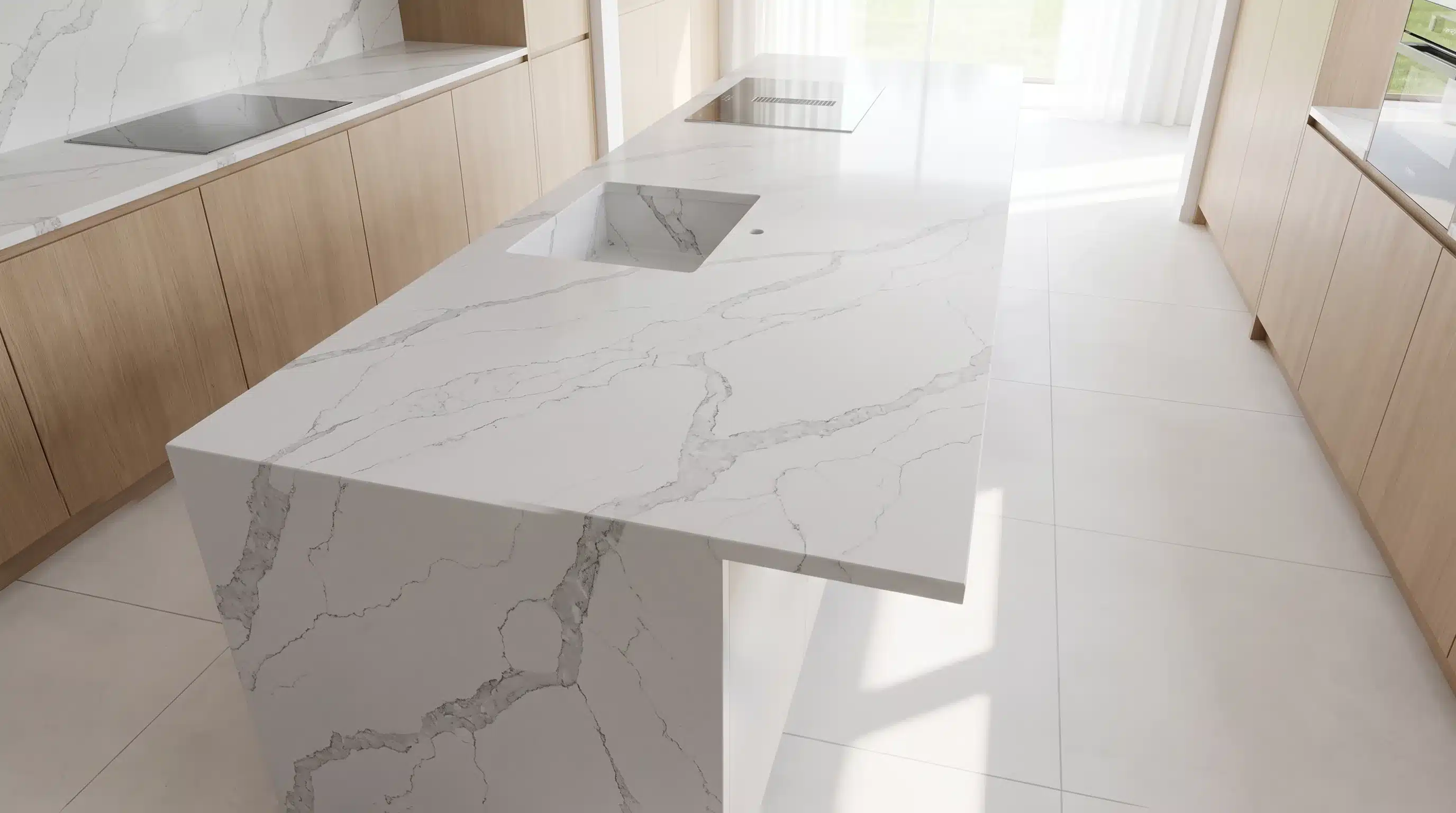 Overhead view of New Calacatta Grey CQM520 quartz worktop in a fitted kitchen