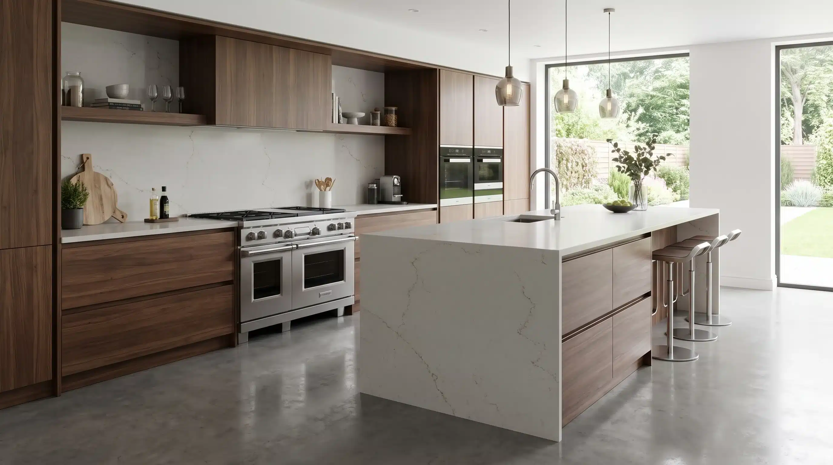 Misterio Mix CQM521 quartz worktop in a wide-angle kitchen setting