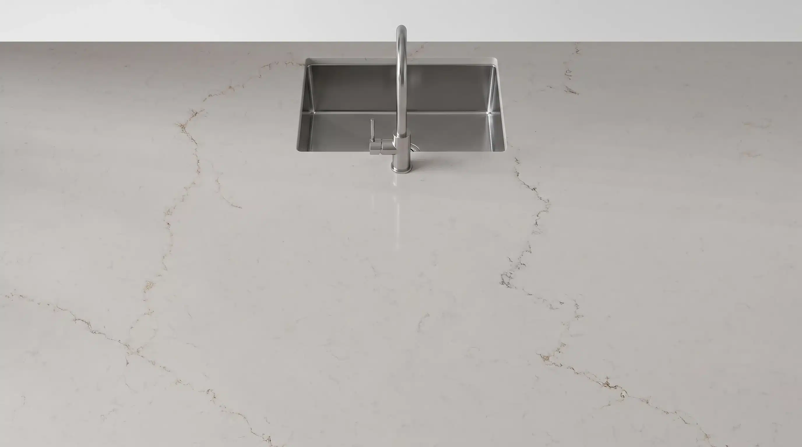 Overhead view of Misterio Mix CQM521 quartz worktop in a fitted kitchen