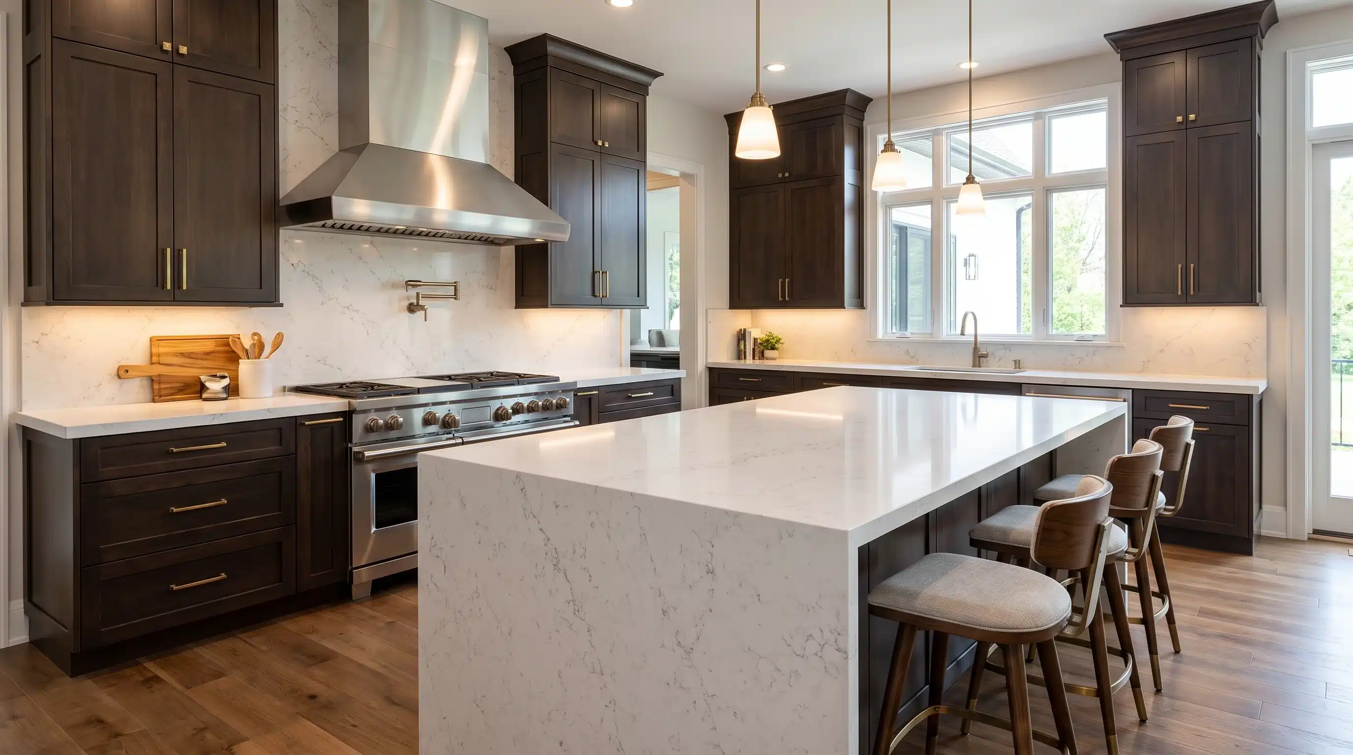 Light Carrara CQP205 quartz worktop in a wide-angle kitchen setting