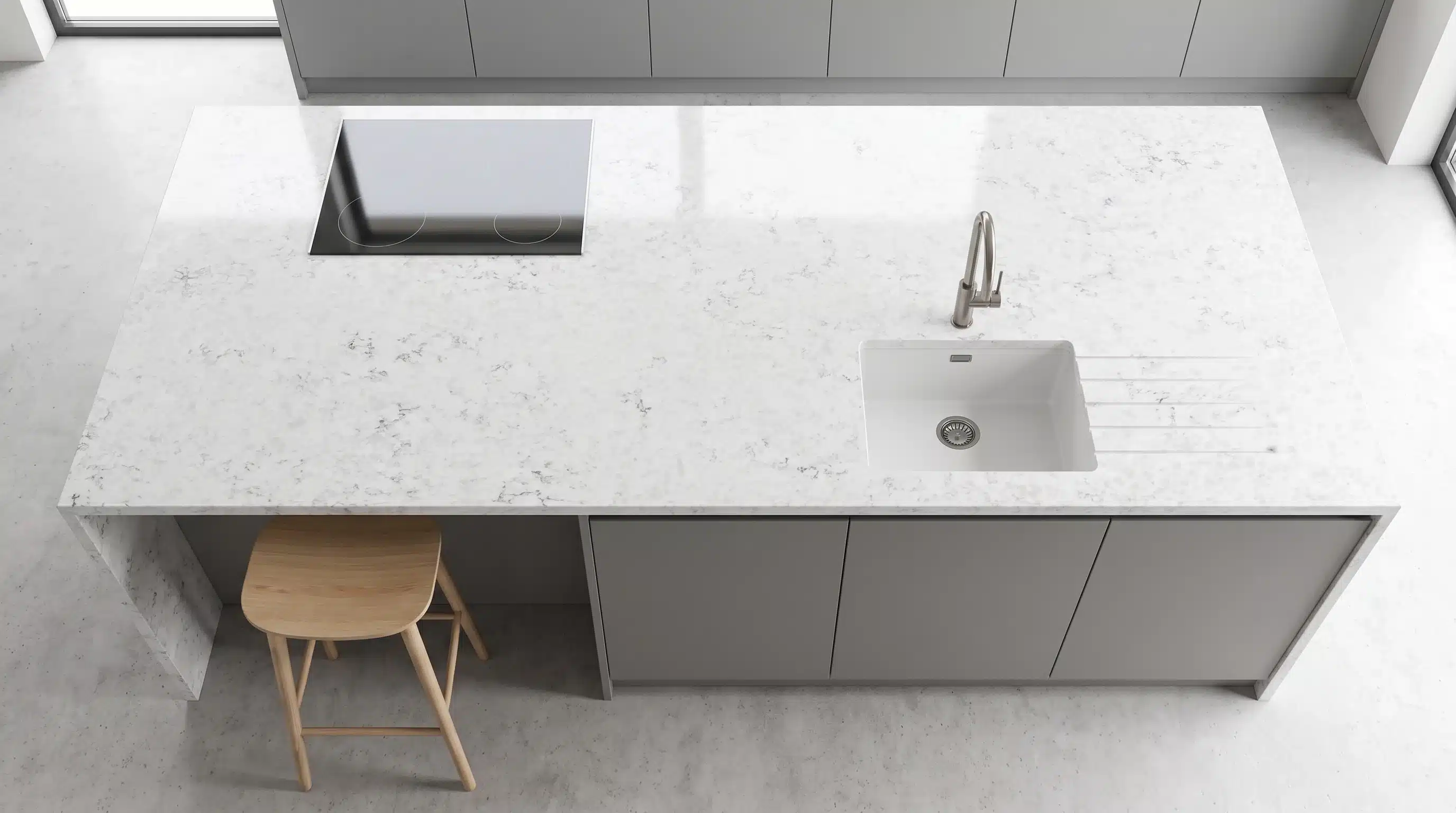 Overhead view of Alaska CQP206 quartz worktop in a fitted kitchen