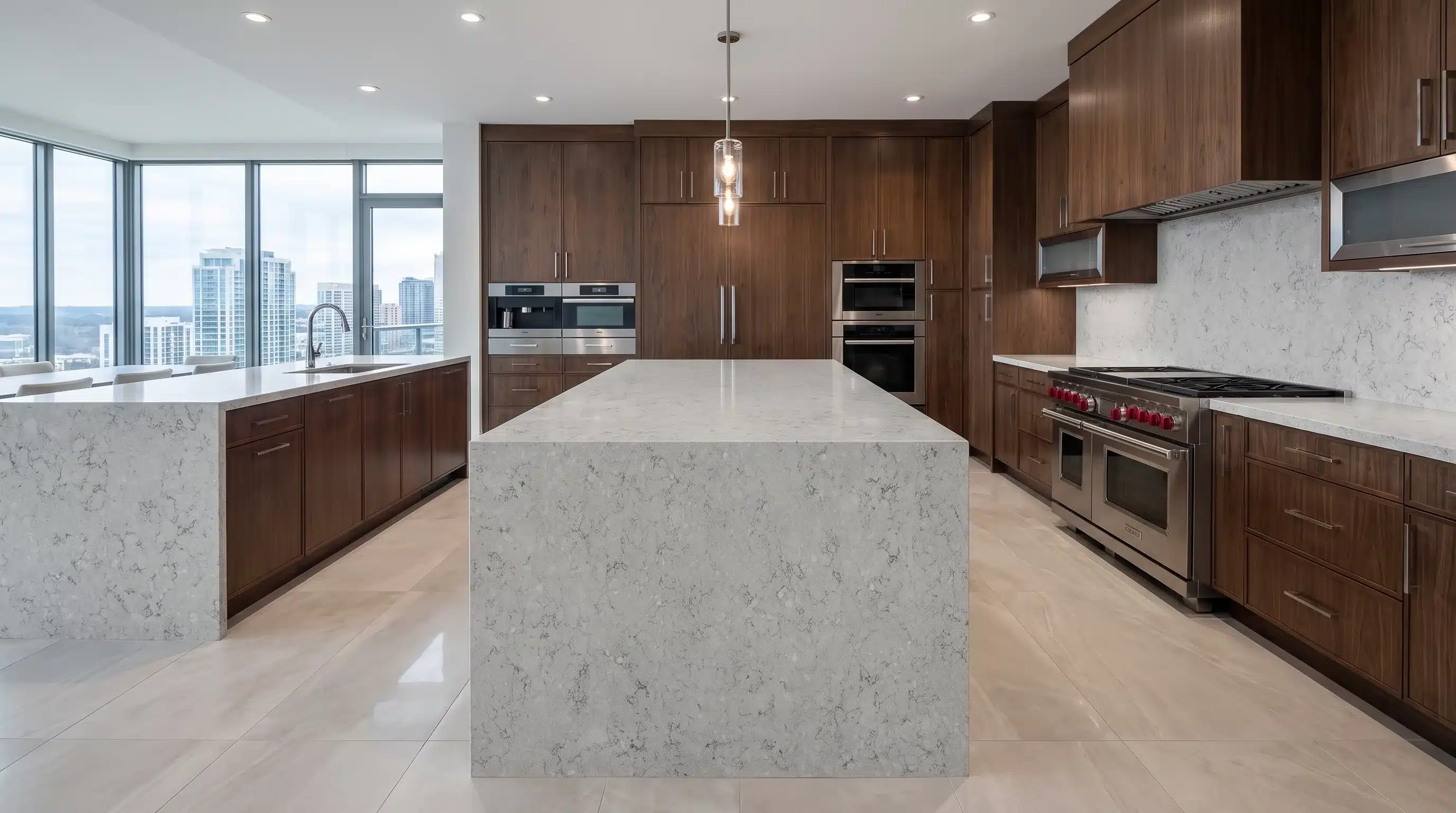Tarragona CQP207 quartz worktop in a wide-angle kitchen setting