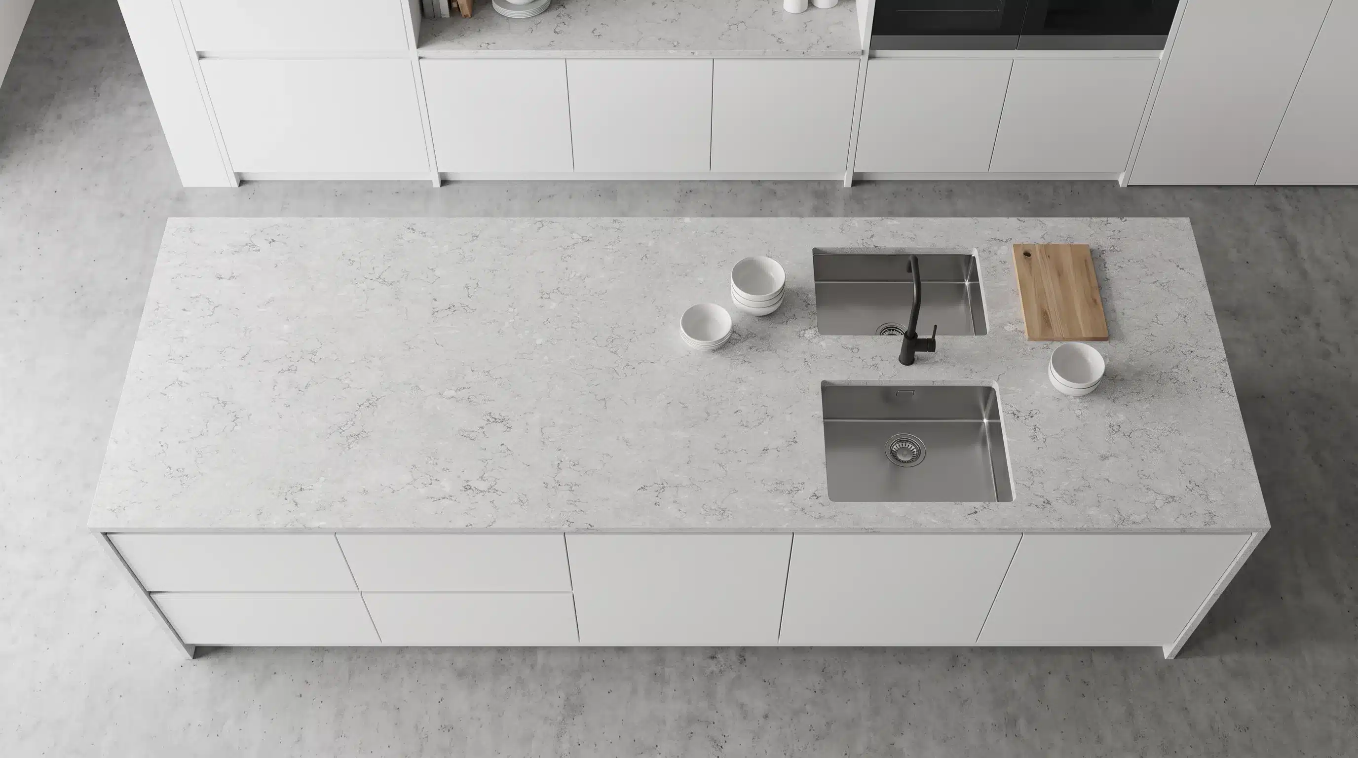 Overhead view of Tarragona CQP207 quartz worktop in a fitted kitchen