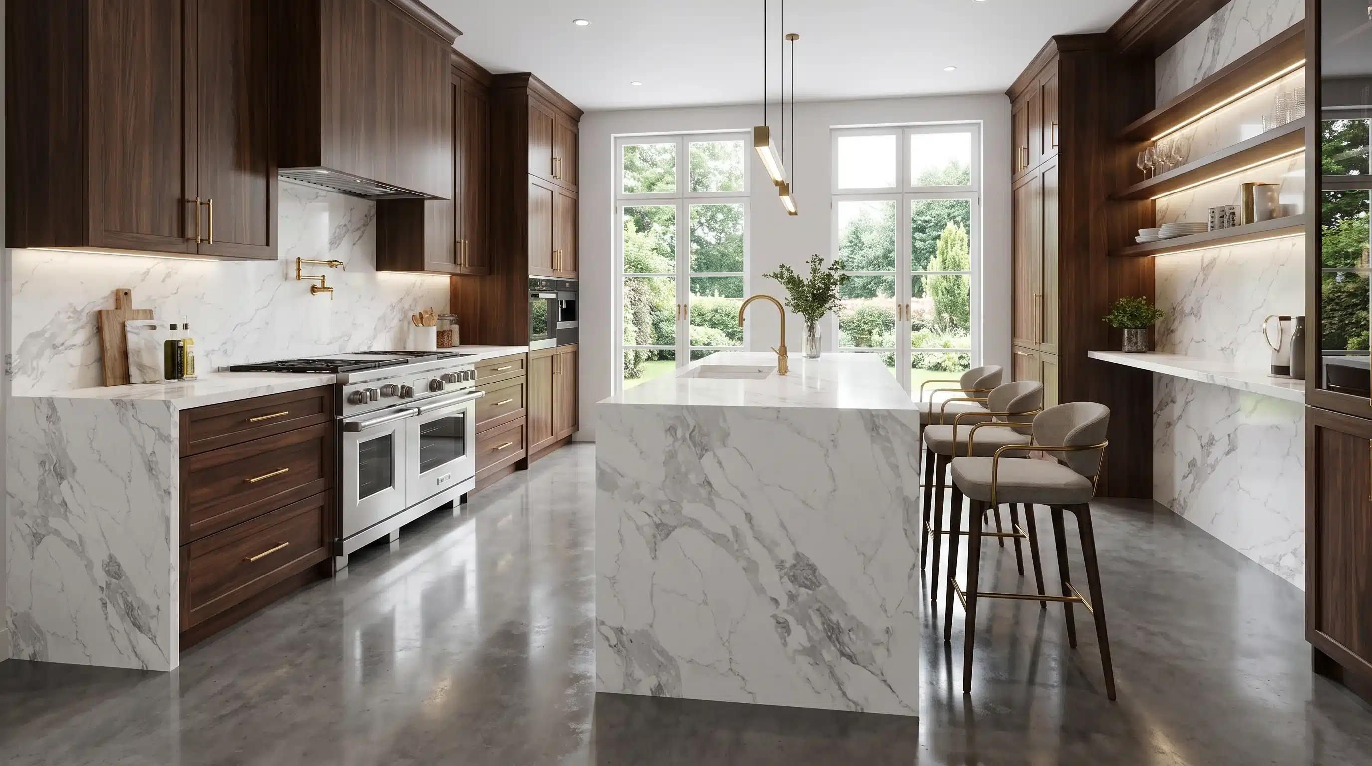 Statuario Crystal CQP208 quartz worktop in a wide-angle kitchen setting