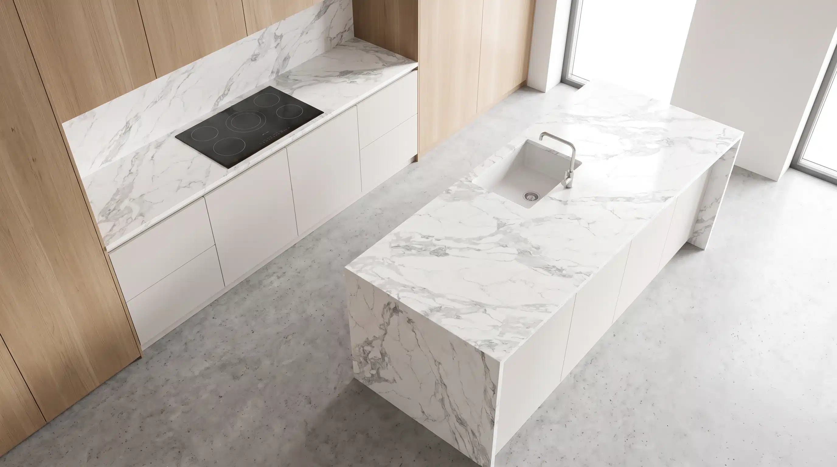 Overhead view of Statuario Crystal CQP208 quartz worktop in a fitted kitchen