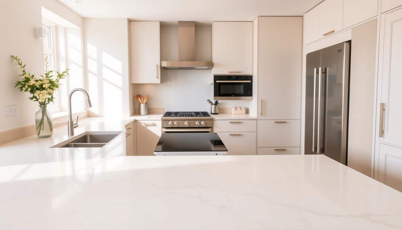 A light kitchen with pale worktops, neutral cabinets and daylight.