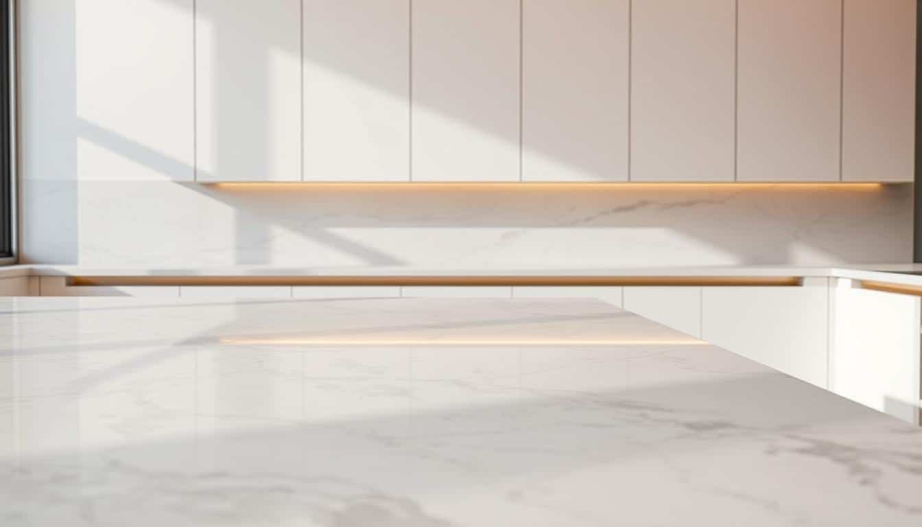 A pale worktop in a sunlit kitchen with warm neutral finishes.