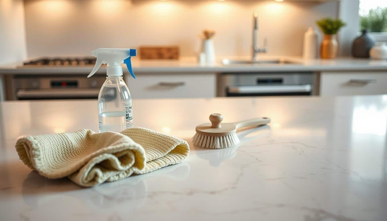 Cleaning cloths and a brush resting beside a pale kitchen worktop.