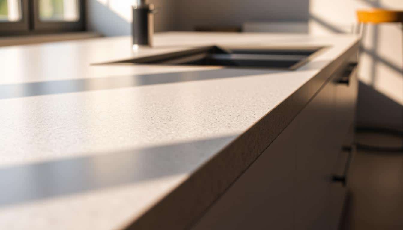 Soft daylight falls across a pale kitchen worktop.
