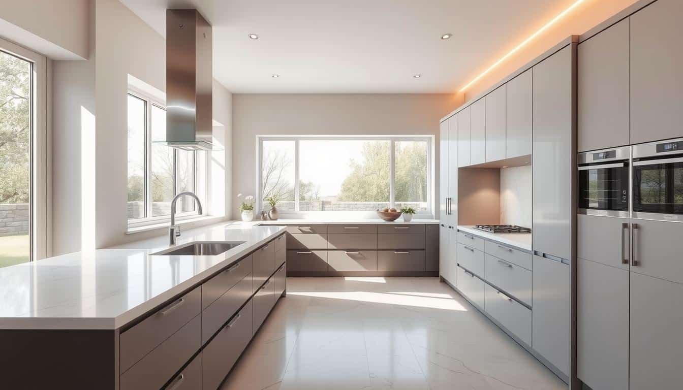 A bright kitchen with long pale worktop runs and soft veining.