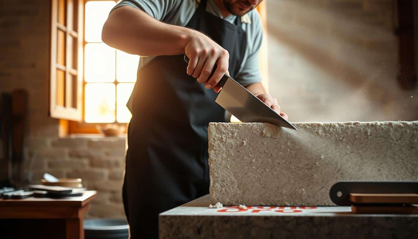 A craftsperson working by hand on a piece of stone.