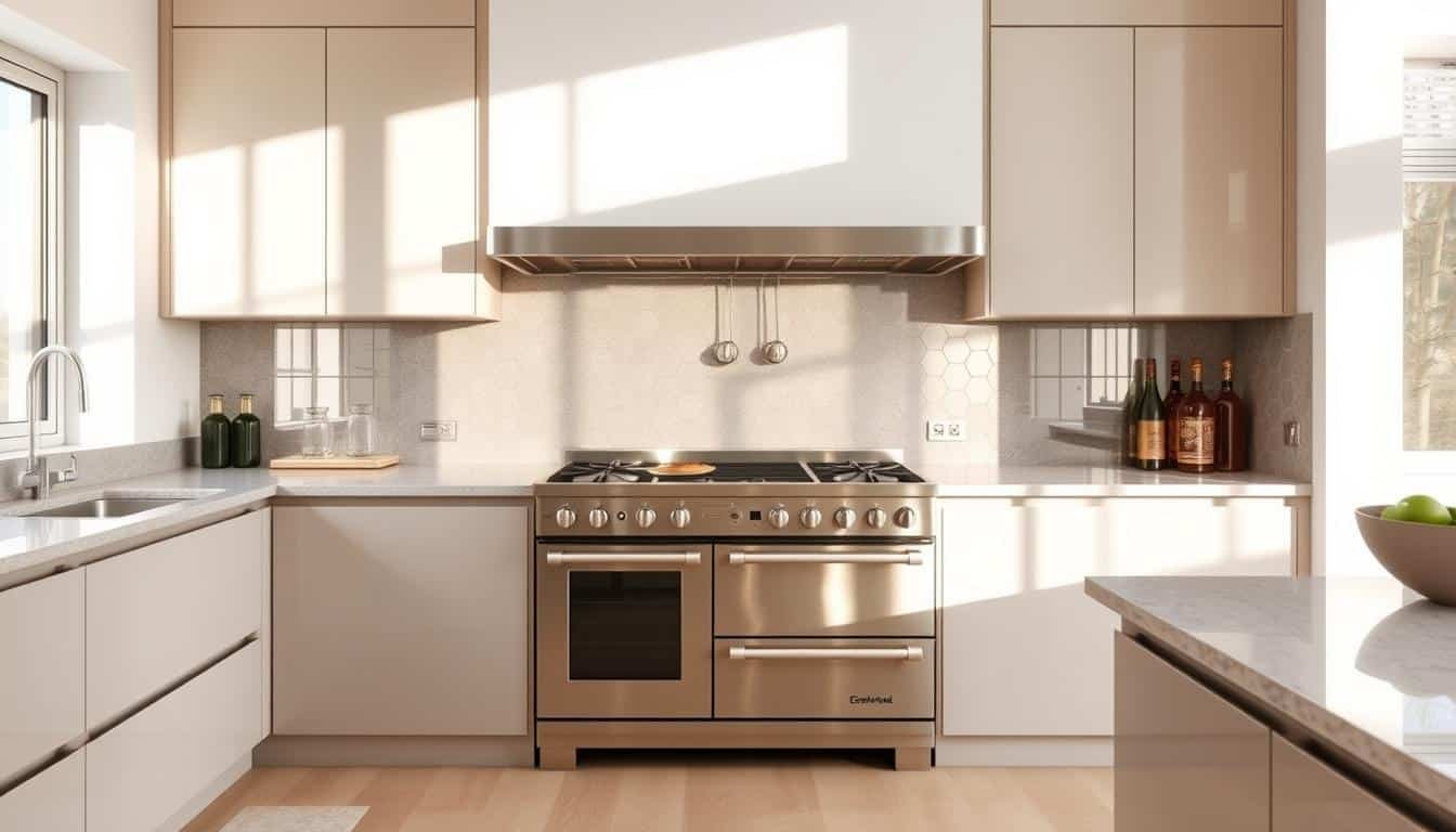 A neutral kitchen with a central cooking area and pale worktops.